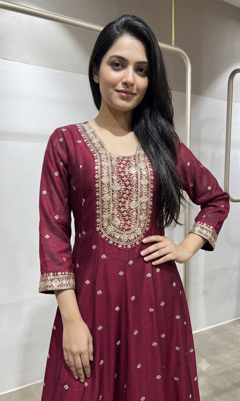 Wine gold embroidered Anarkali set