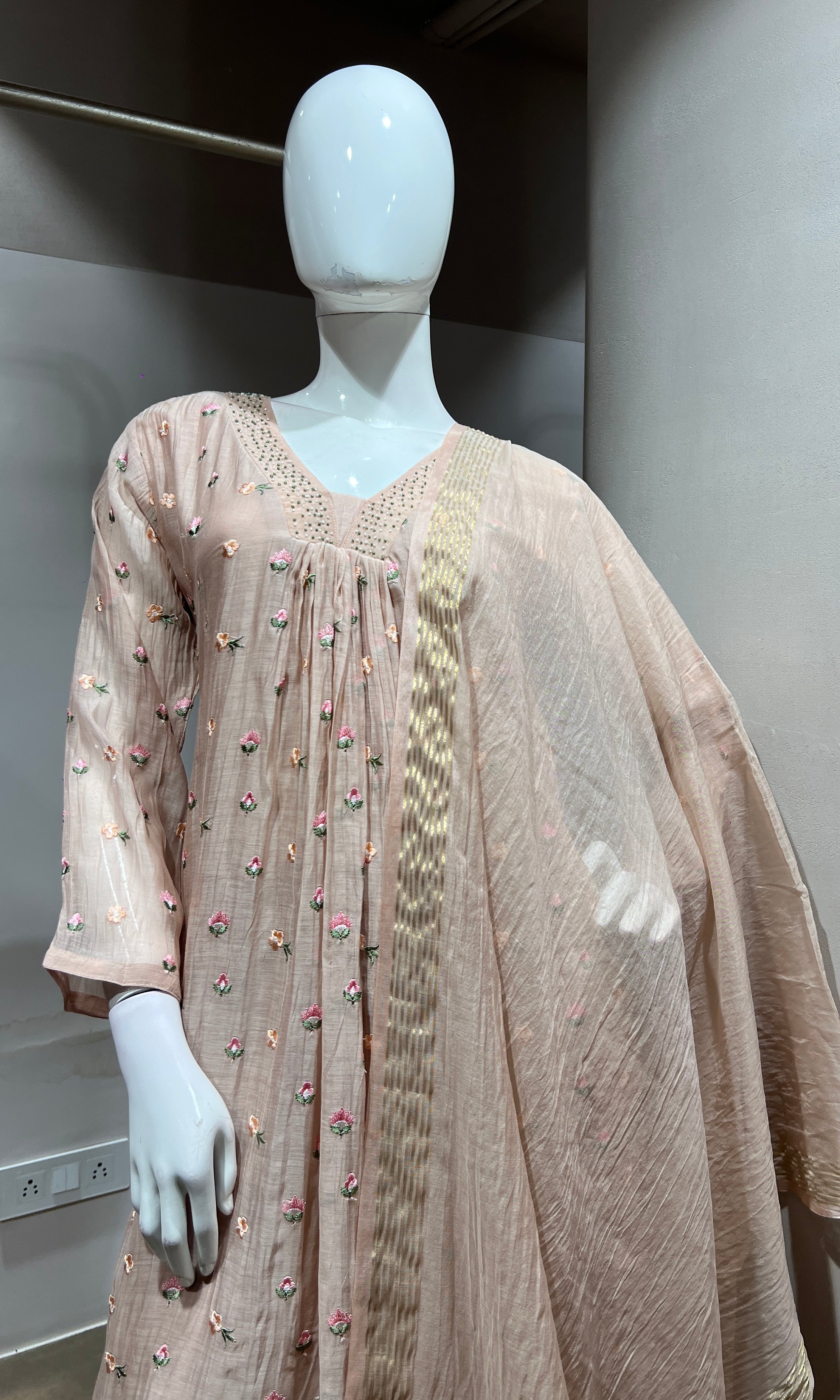 Peach Embroidered A-Line Kurta Set with Dupatta