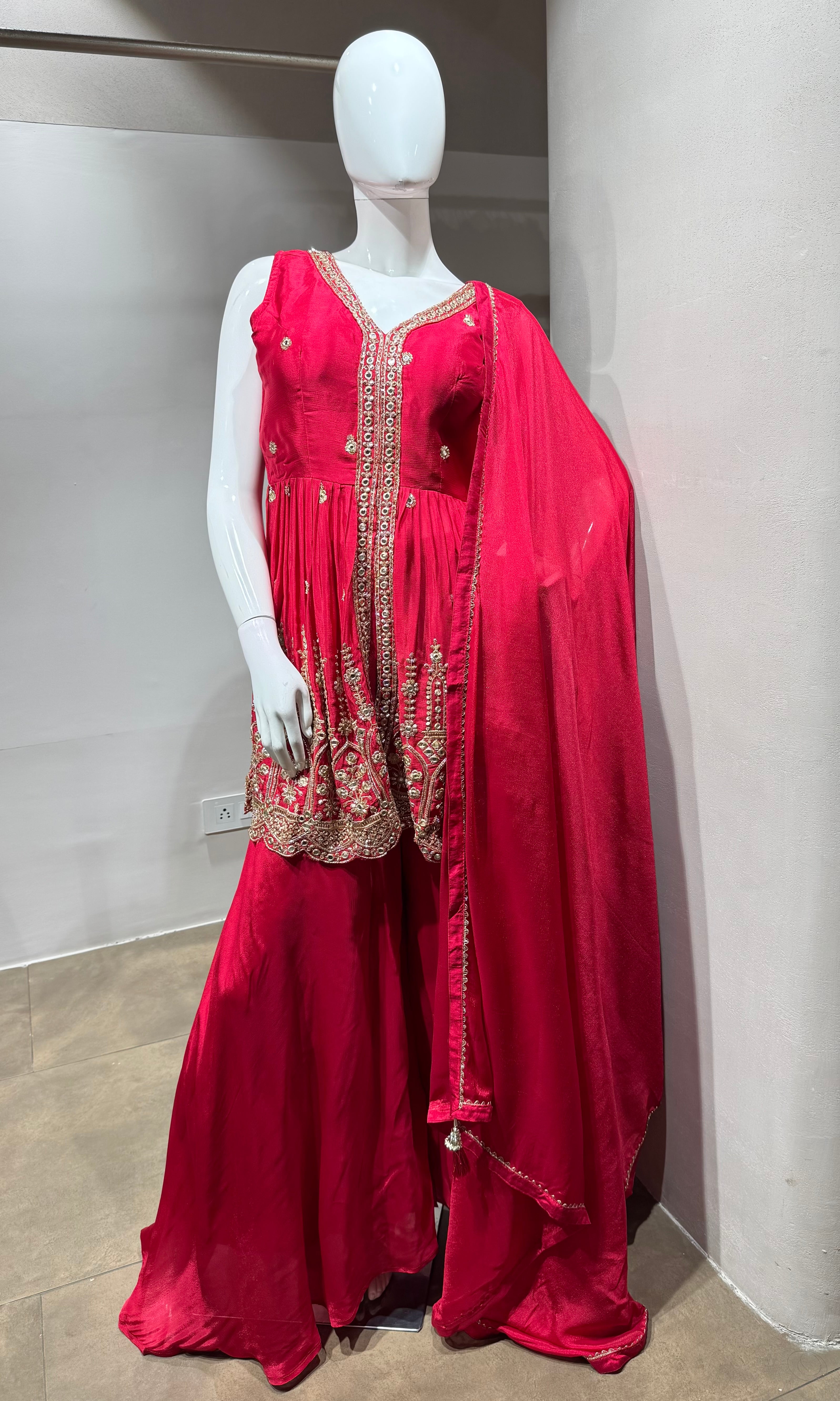 RED Silk Embroidered Palazzo Set with Dupatta