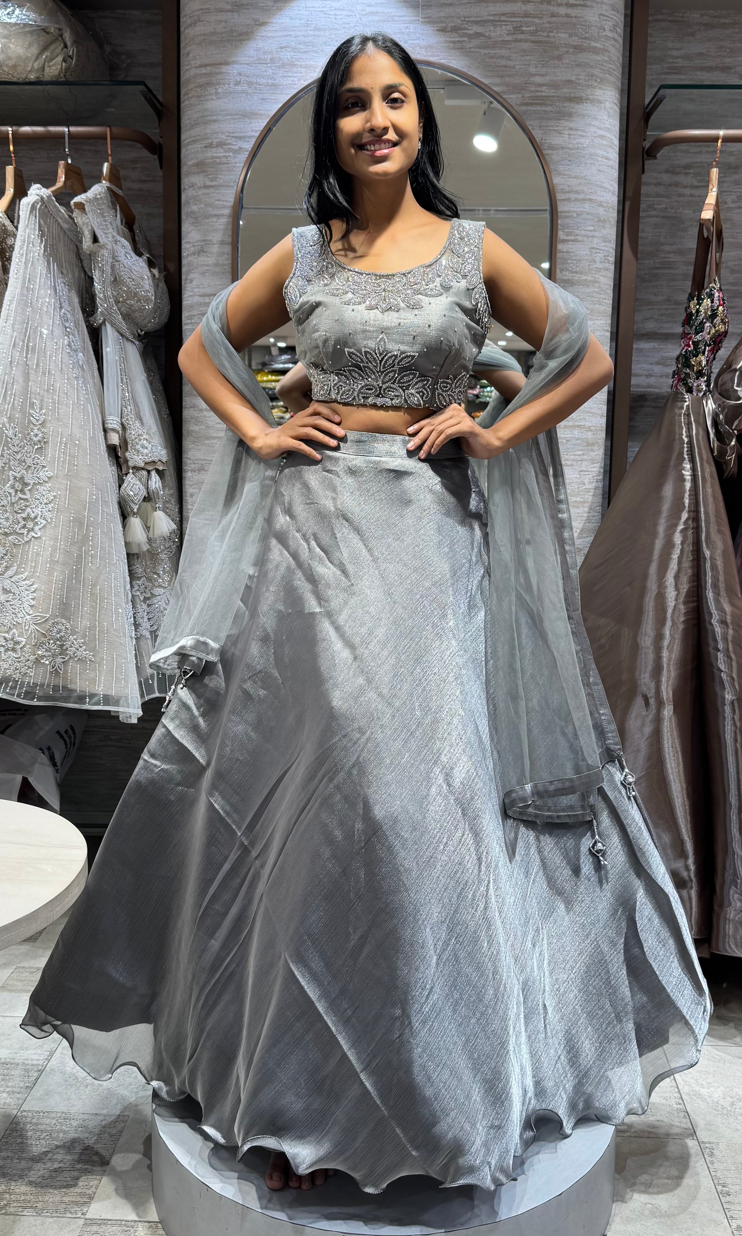 grey sequin embroidered crepe silk lehenga