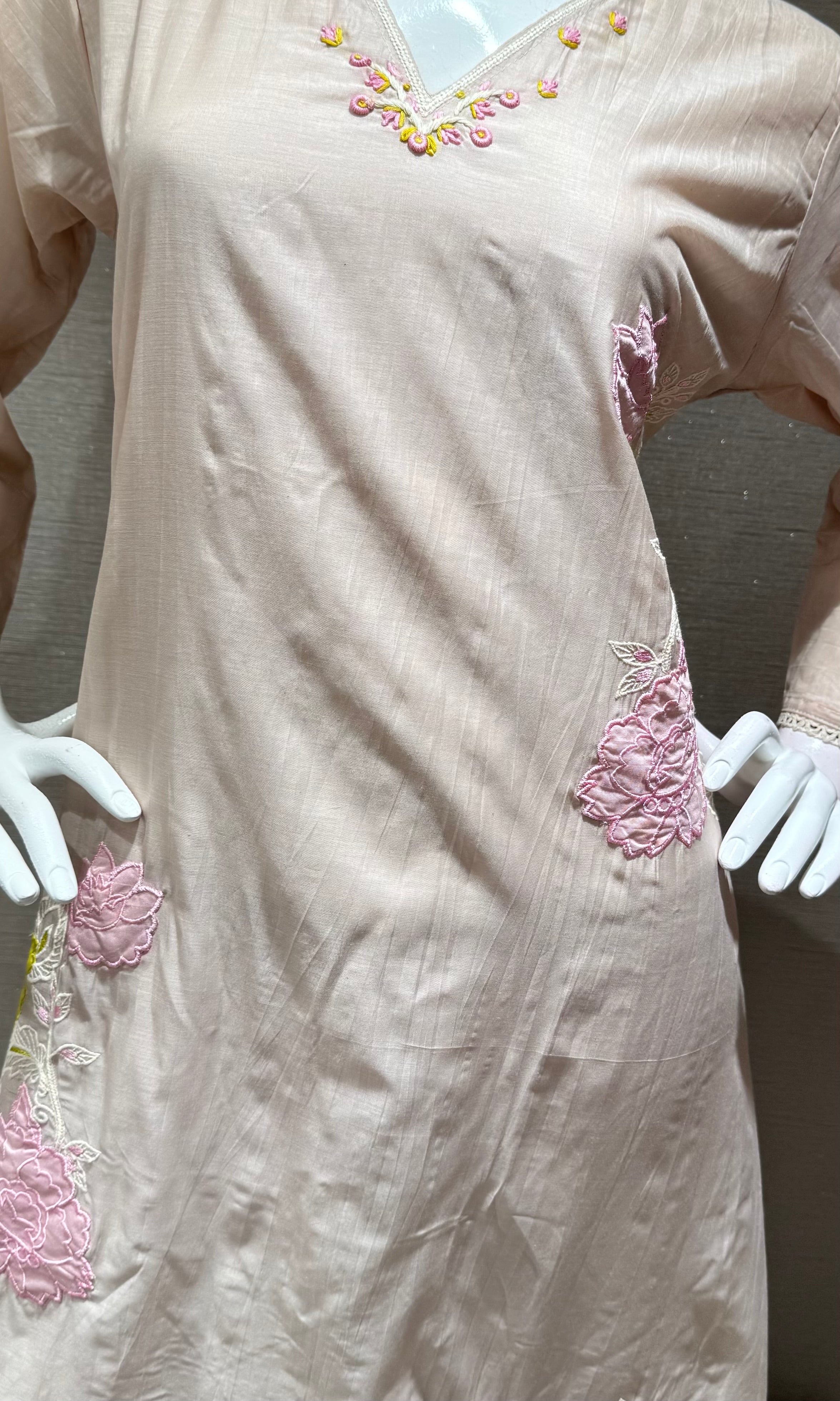 light beige kurta set with pink & yellow floral embroidery