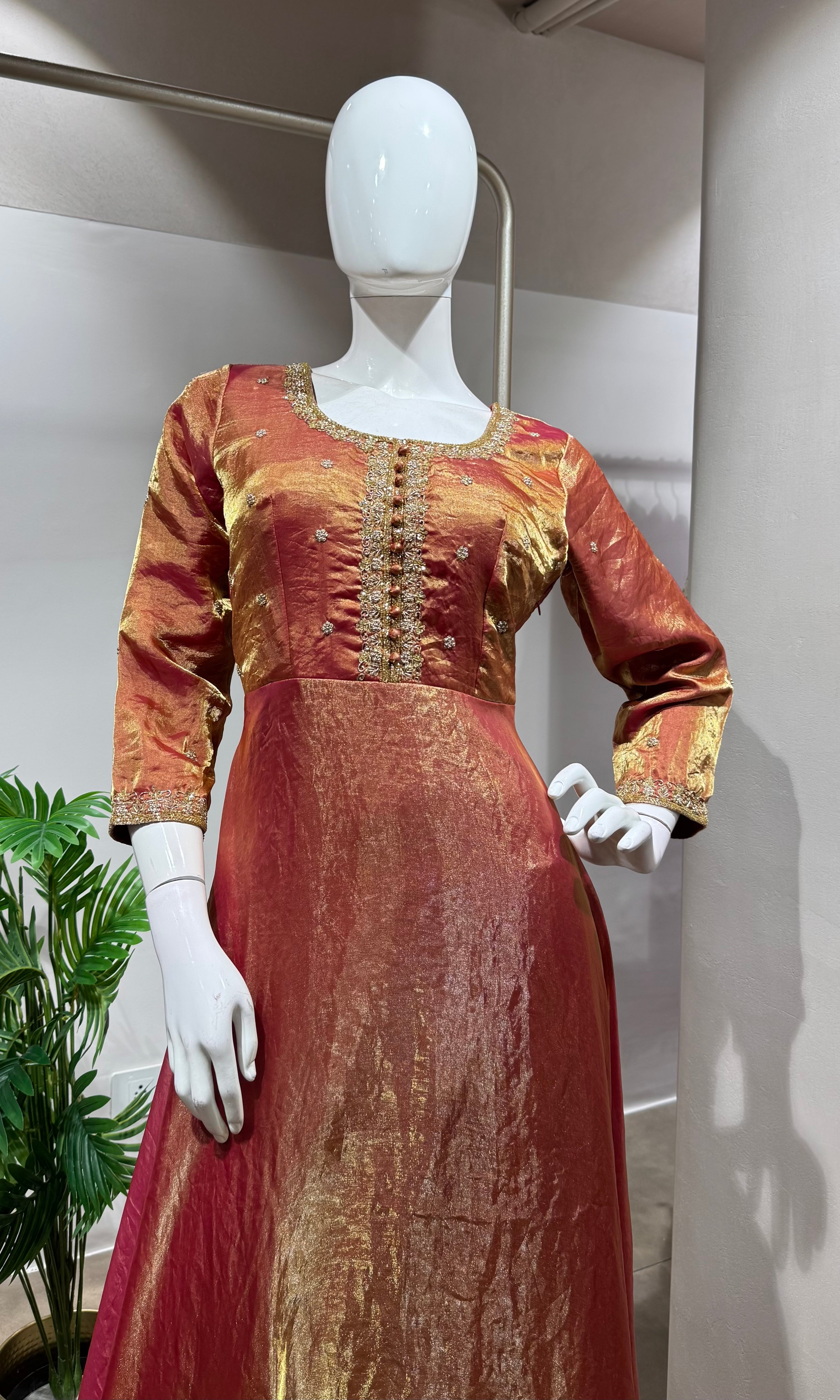 Shimmering RUST-Gold Silk Tissue Anarkali Set