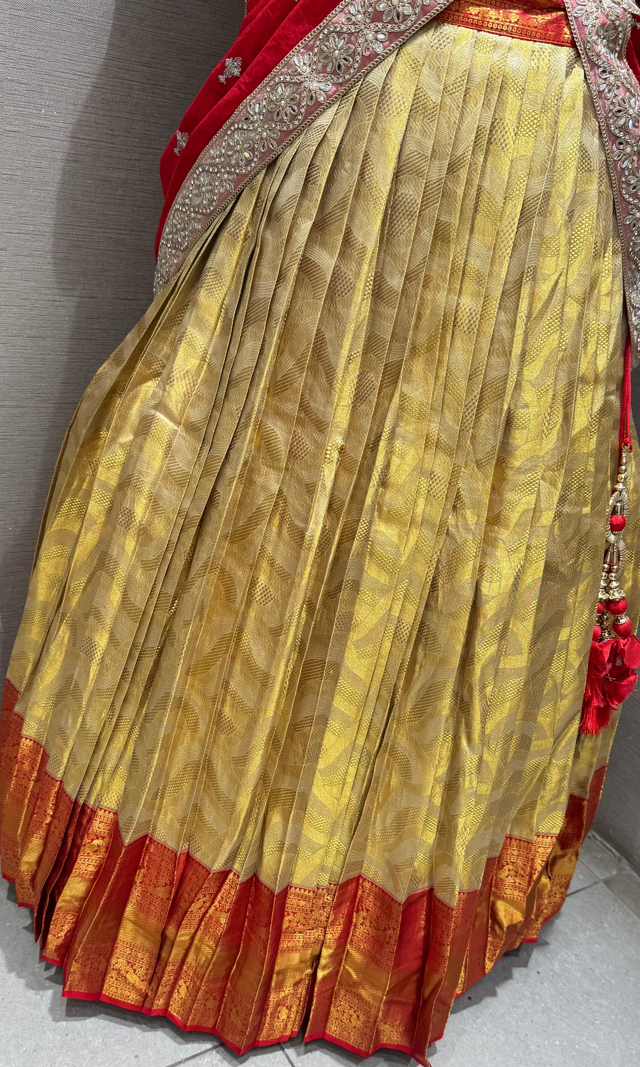 Red and gold banarasi pattu lehenga set