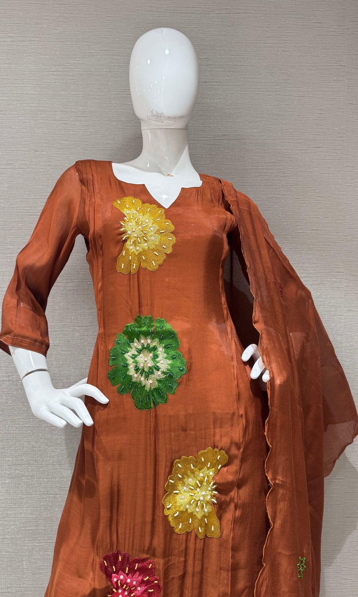 Brown cotton silk Floral Motif Kurta set with dupatta
