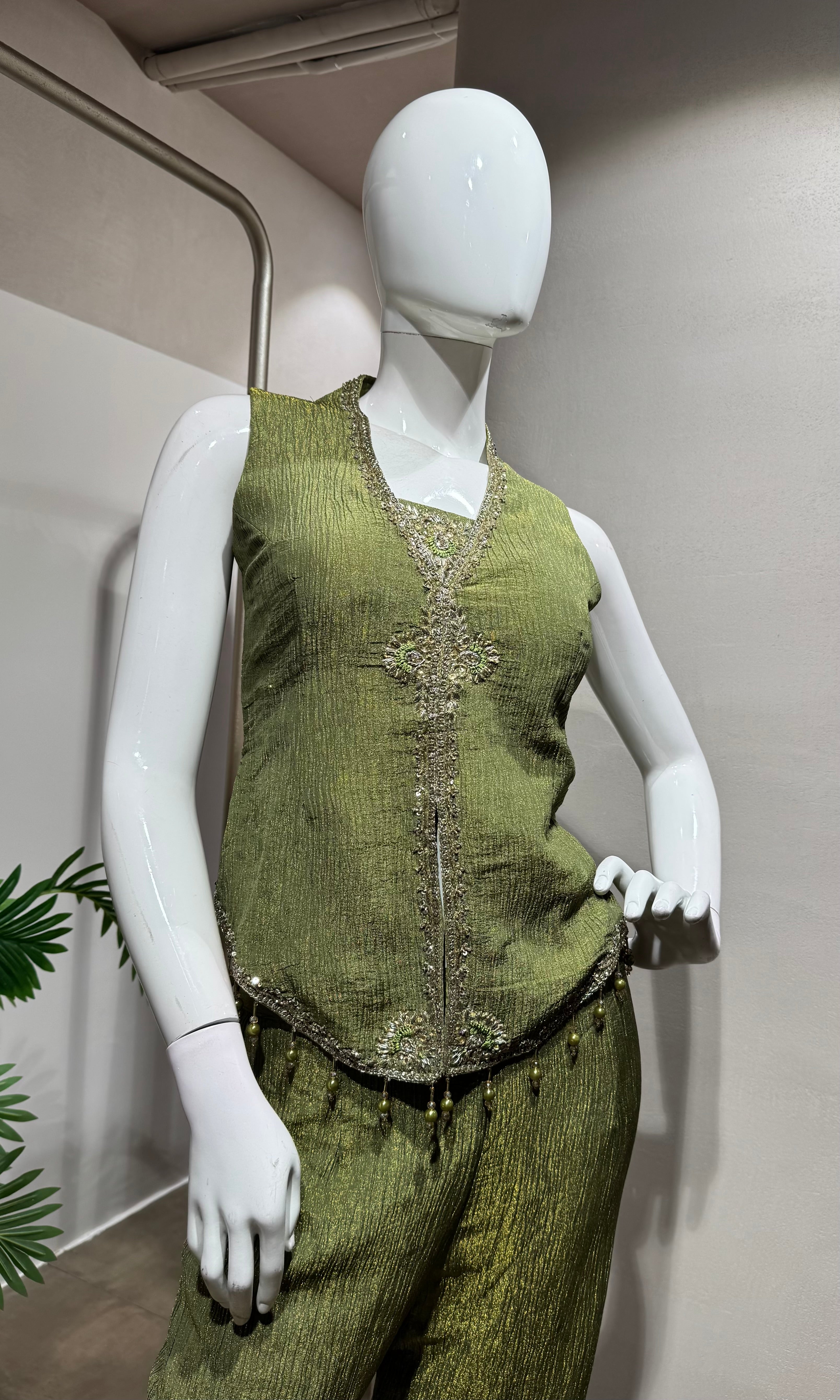 Green Printed Floral V Neck Sharara Set