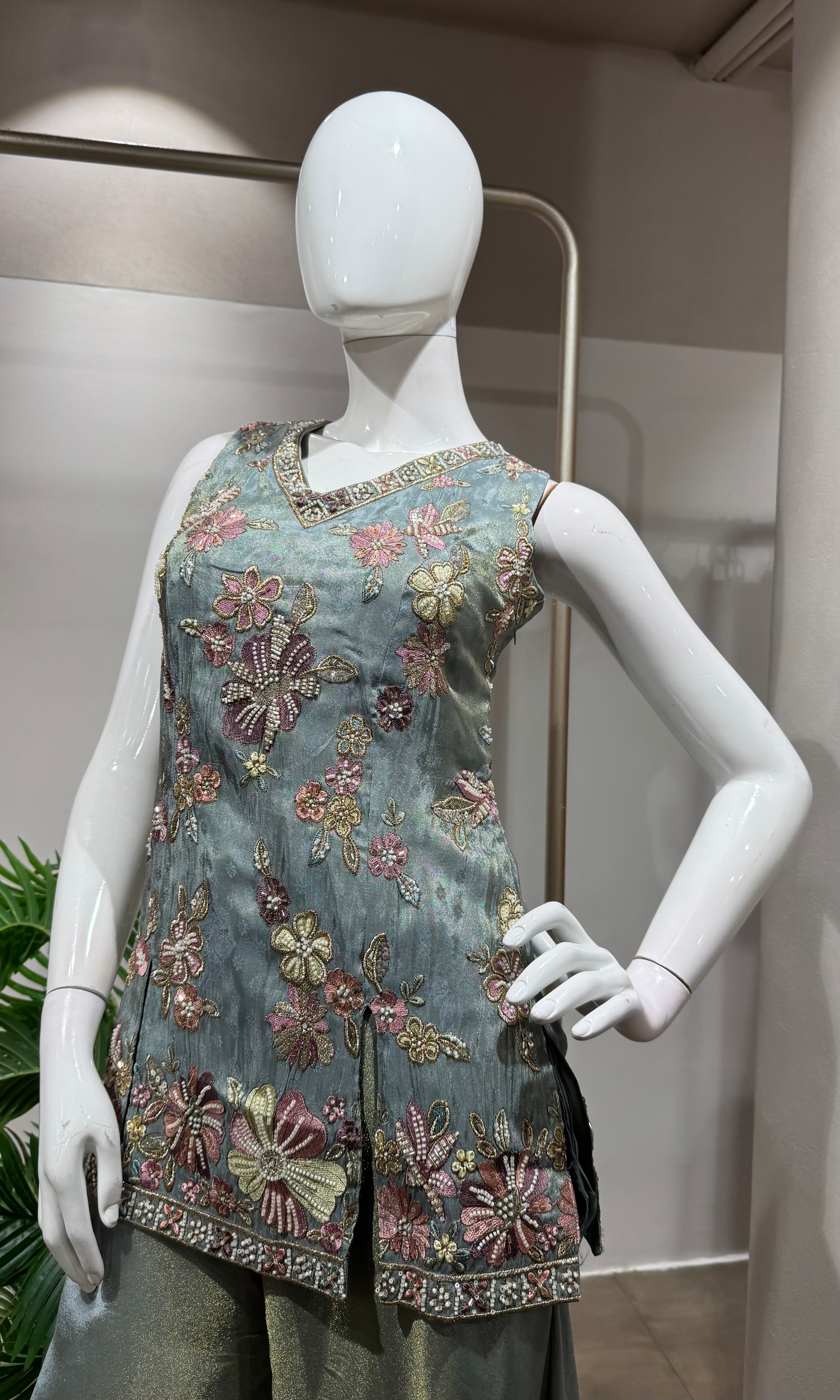 green Tissue Sharara Set with Floral Embroidery