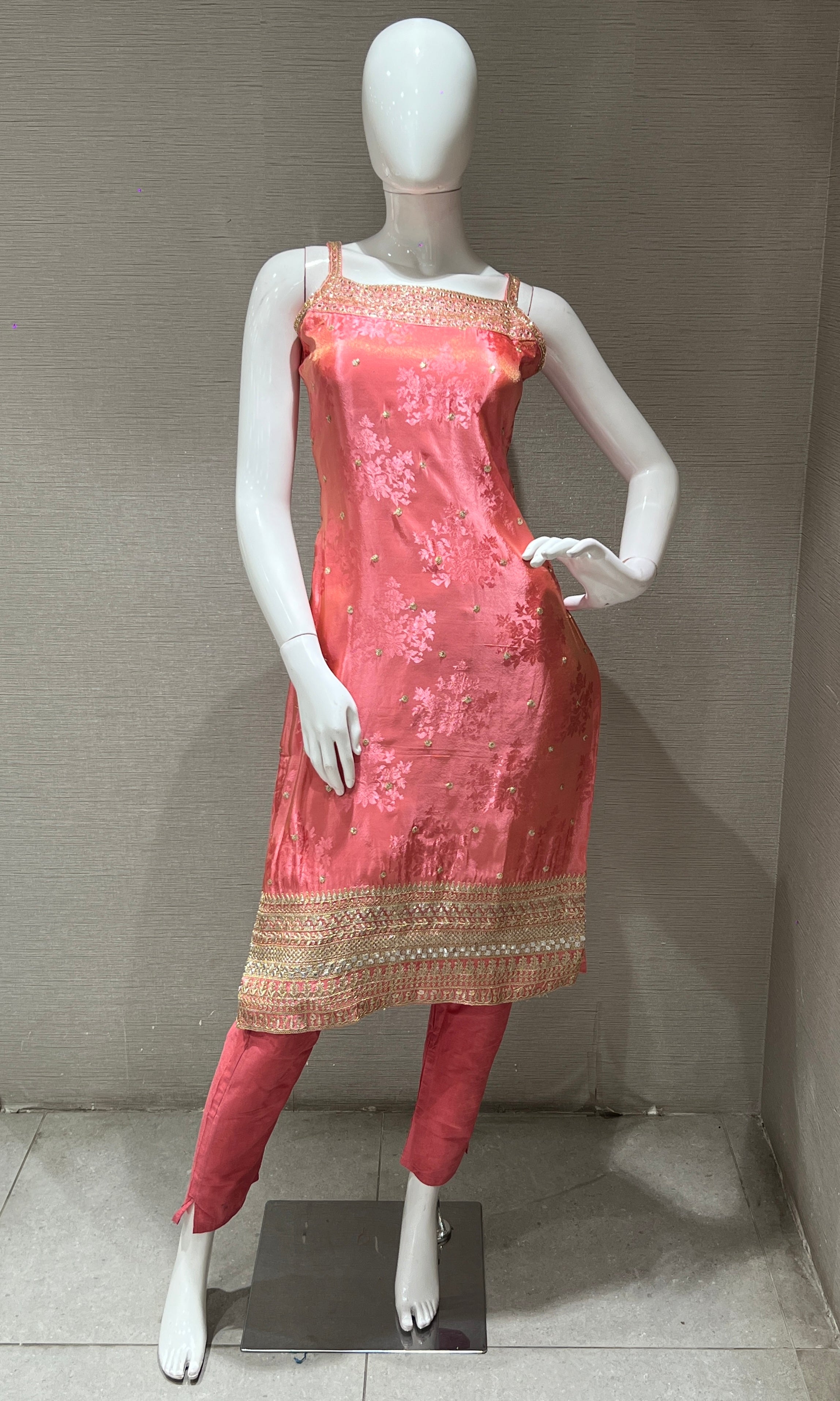Baby pink and Gold Embroidered kurta set