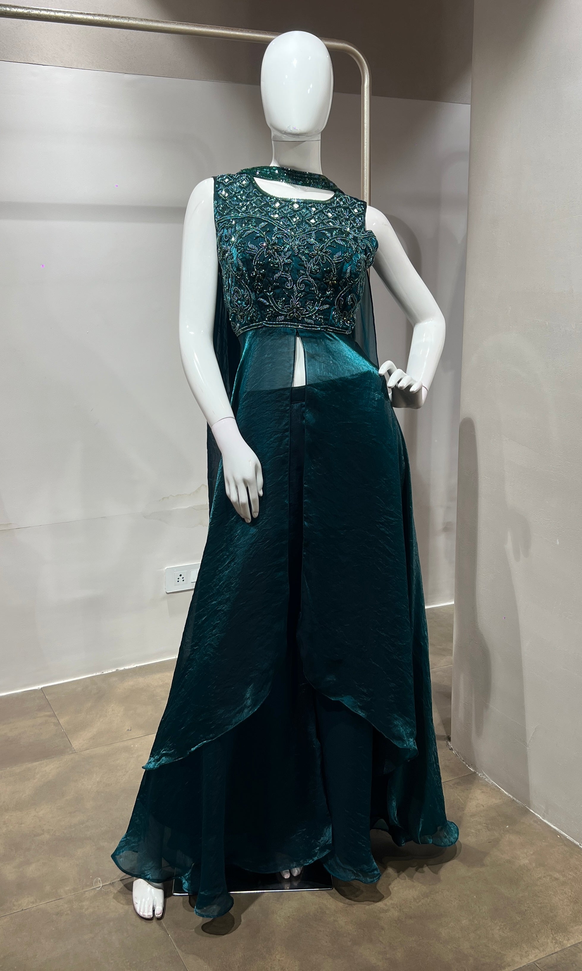 Green front slit layered palazzo set