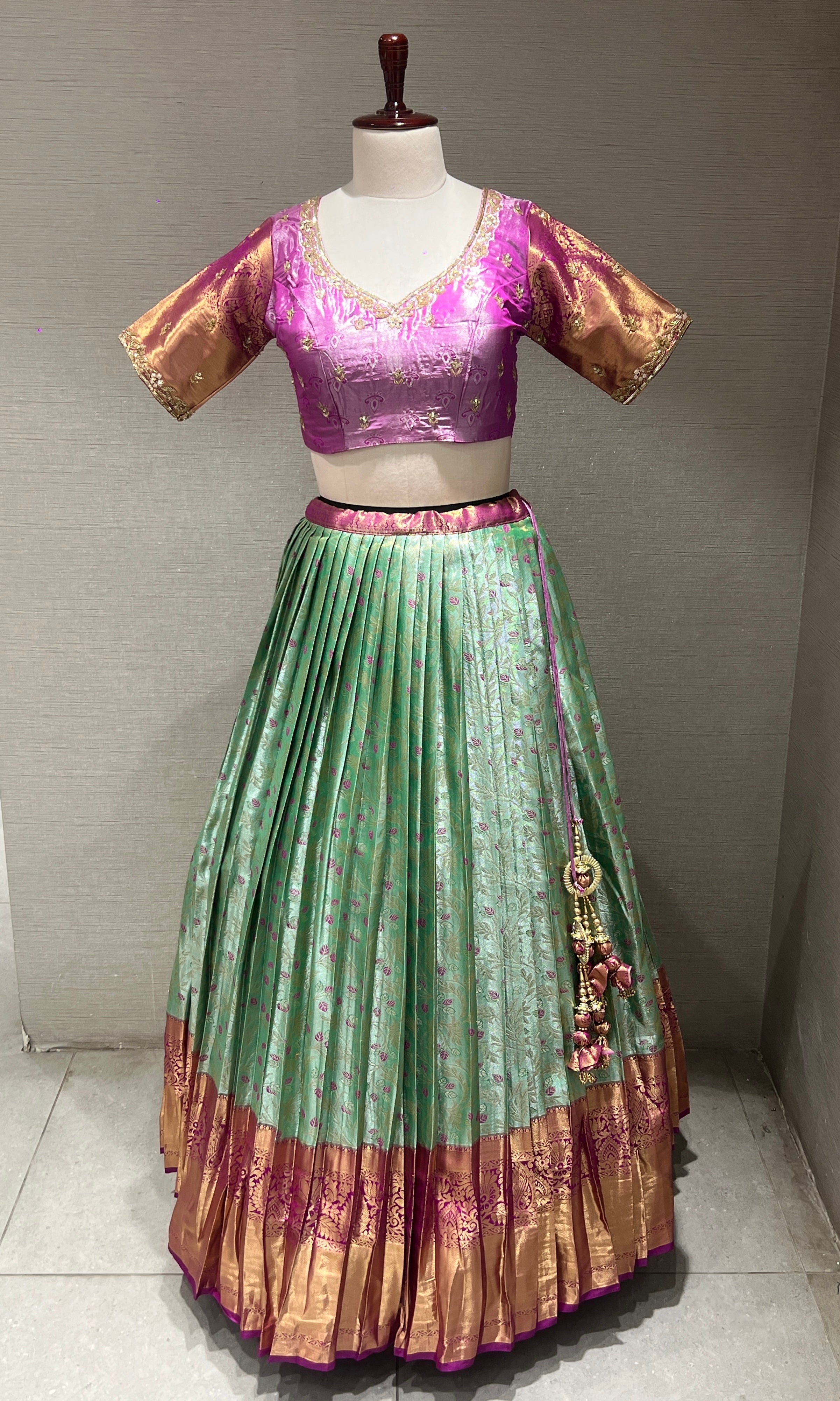 PINK Banarasi LEHENGA with Mint Floral Weave