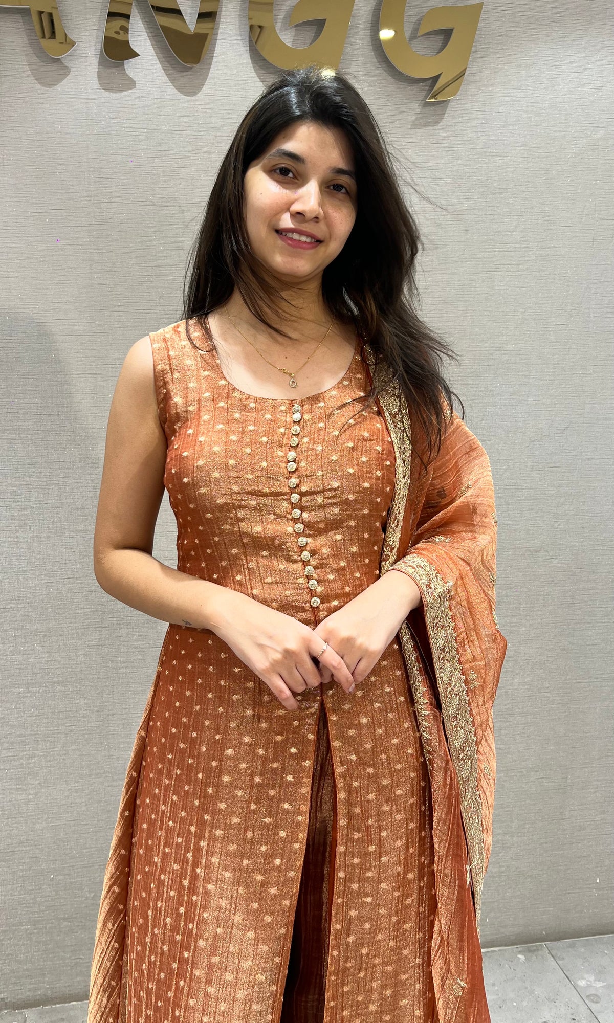 Rust Orange Embroidered Anarkali Set with Sheer Dupatta