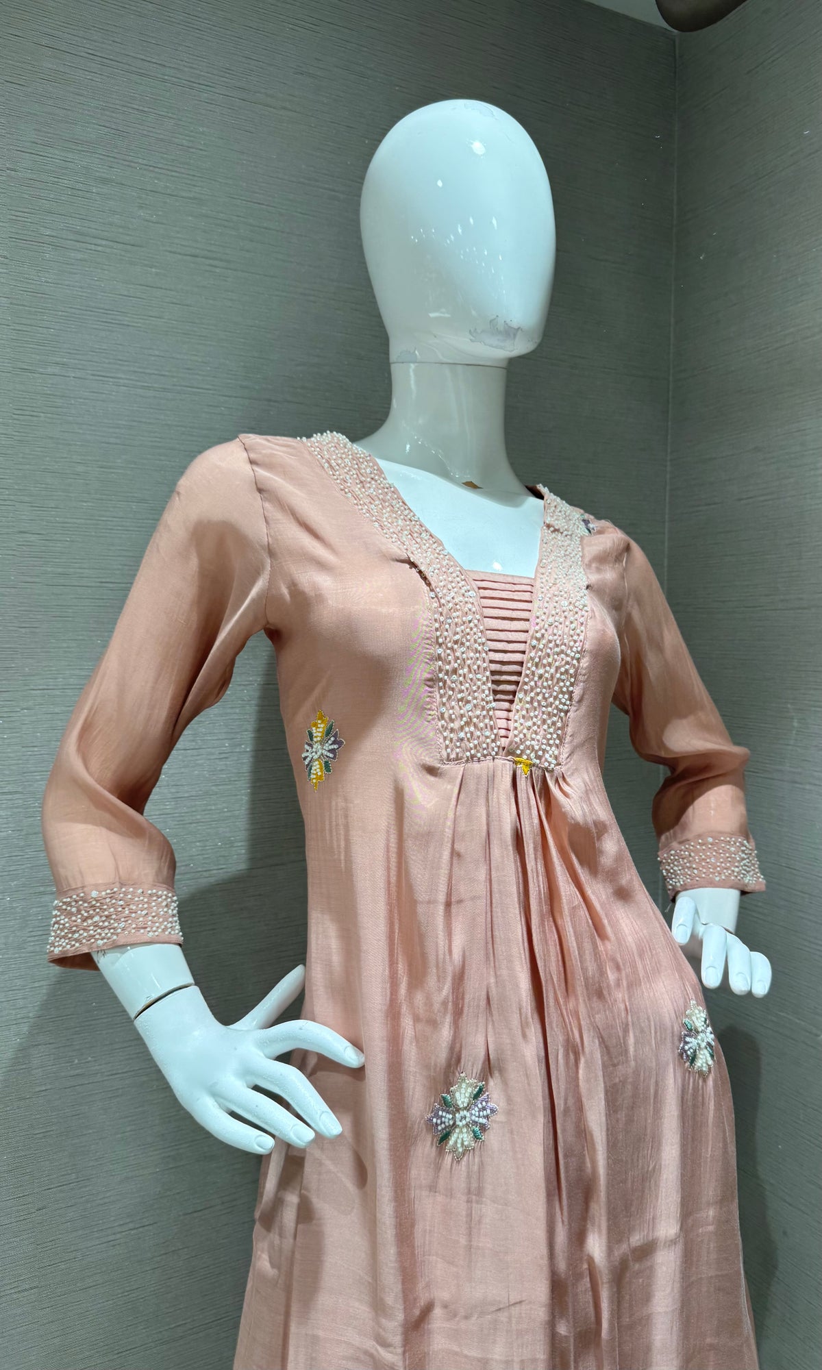 Beige Floral Embroidered Cotton Kurta set with Dupatta