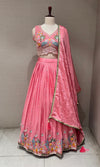 Light Pink Tissue silk Lehenga with Peacock & Floral Embroidery