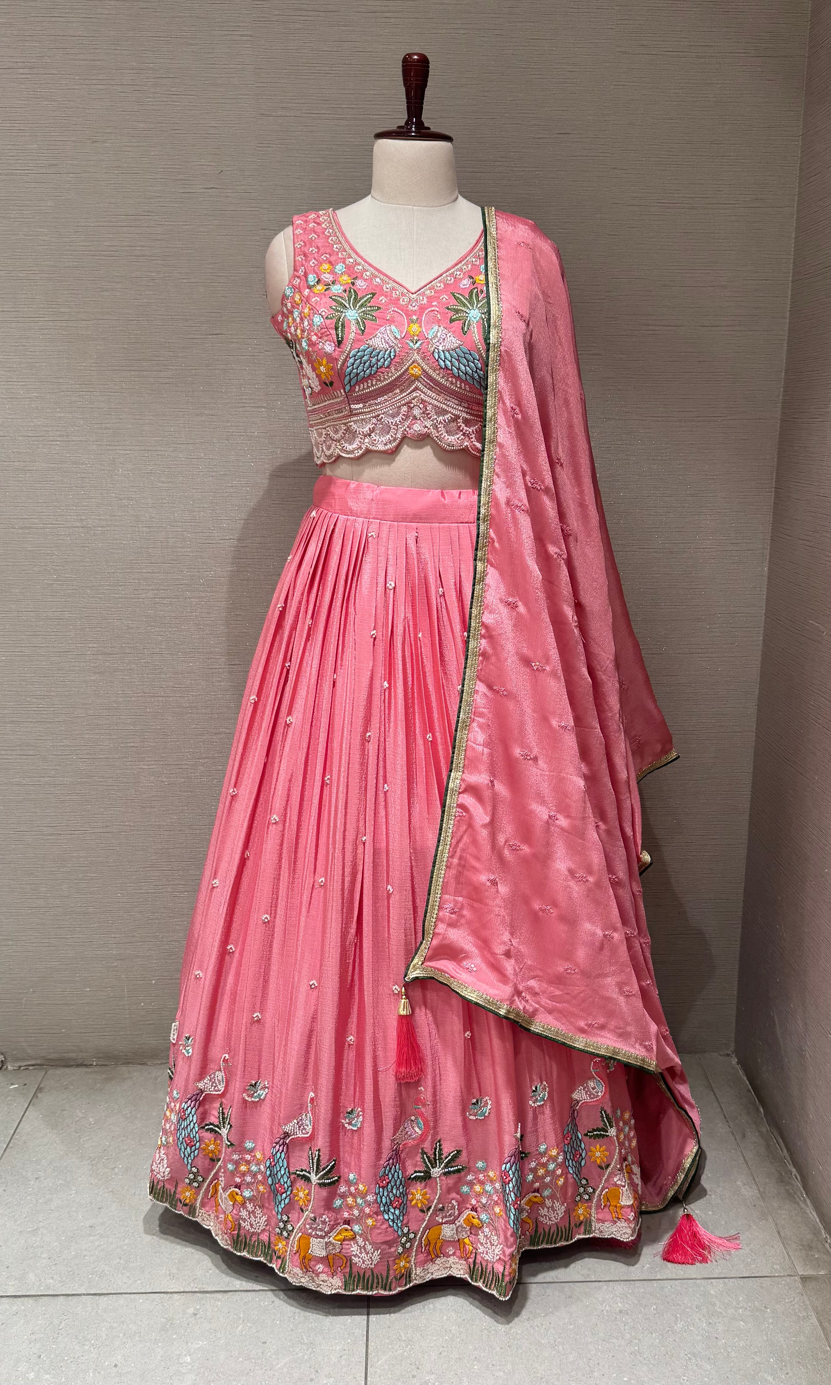 Light Pink Tissue silk Lehenga with Peacock & Floral Embroidery