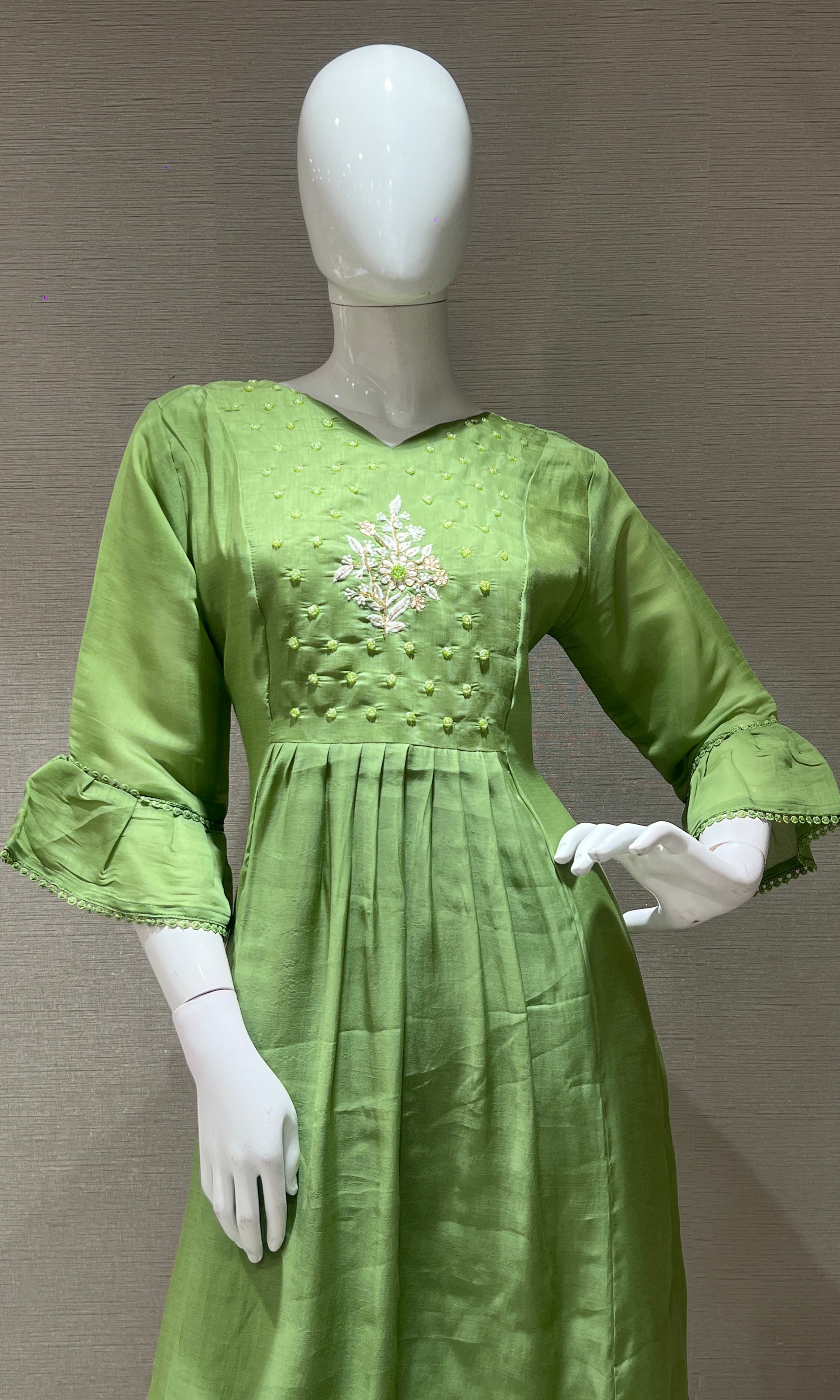 Pista green floral embroidered kurta set