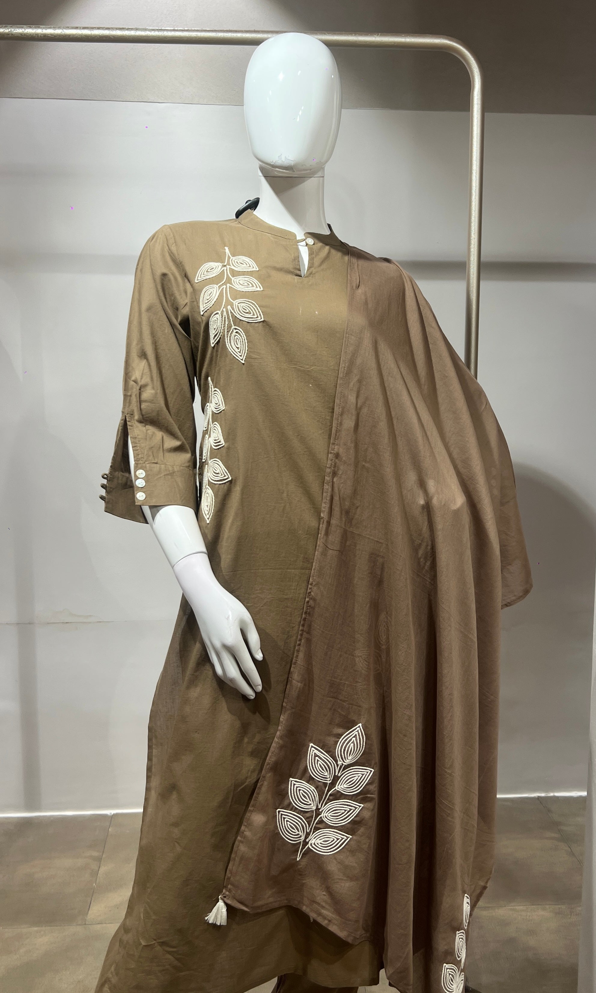 Beige Leaf Cotton Kurta Set with Tassel Dupatta
