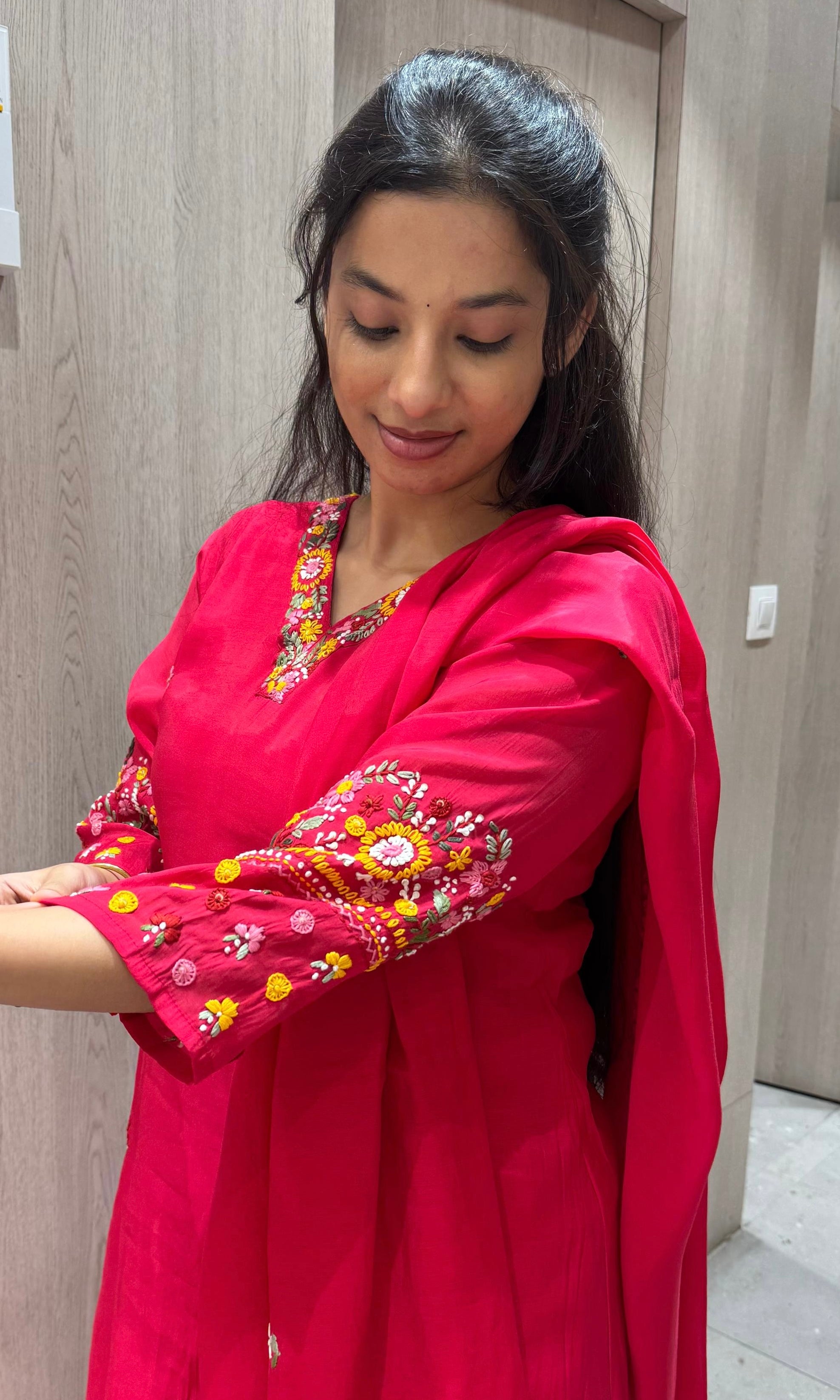 Pink Floral Neckline Kurta Set