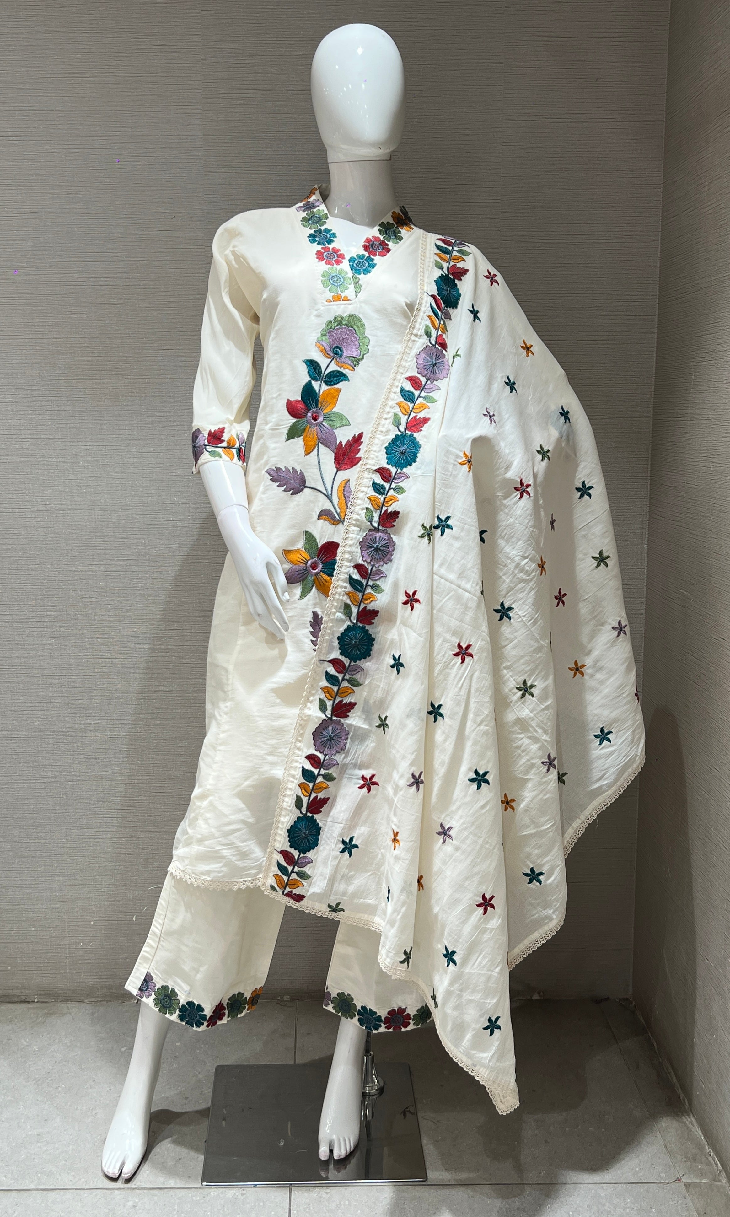 Cream floral patch work kurta set