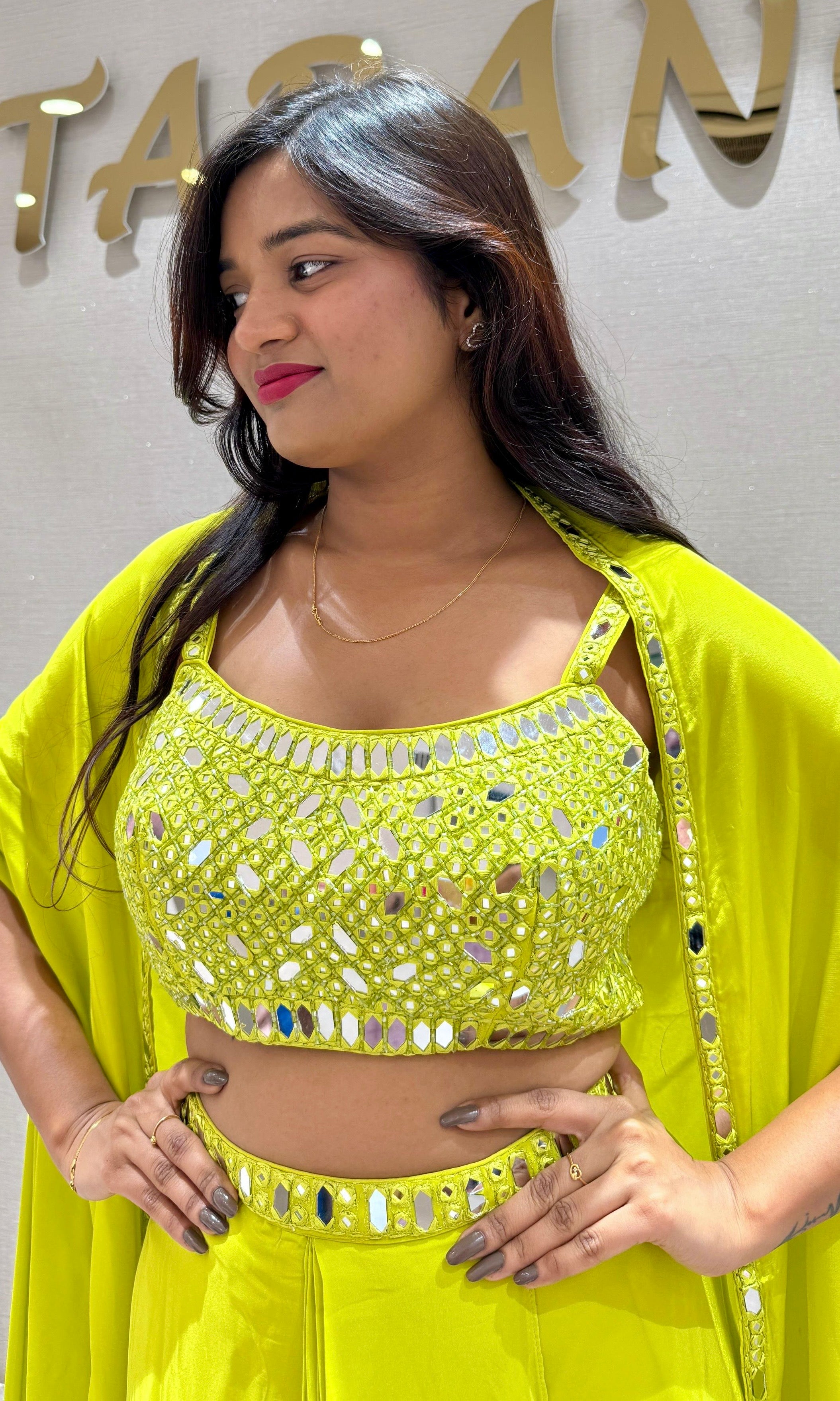 GREEN 3 PIECE INDO WESTERN DRESS, CAPE CROP TOP SKIRT
