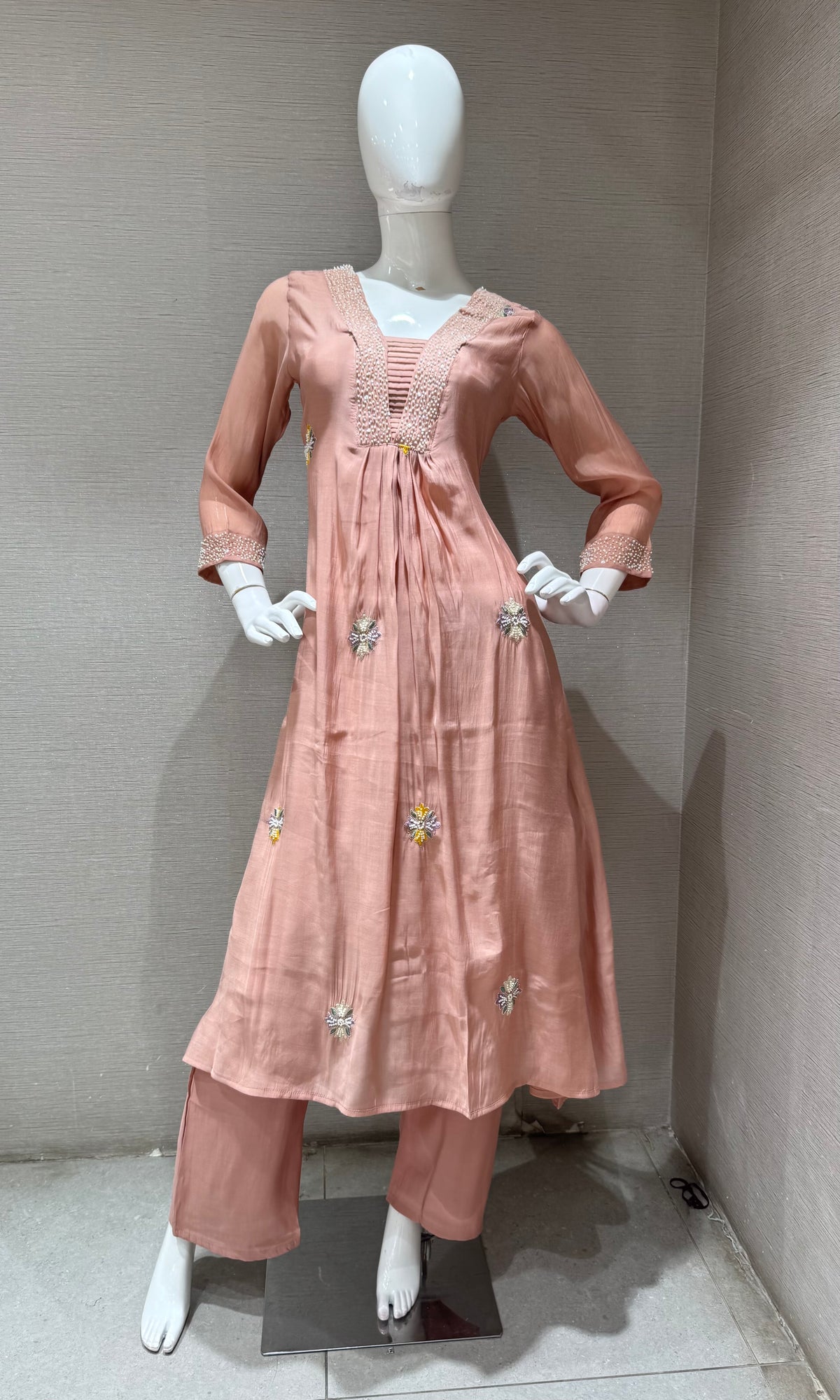 Beige Floral Embroidered Cotton Kurta set with Dupatta