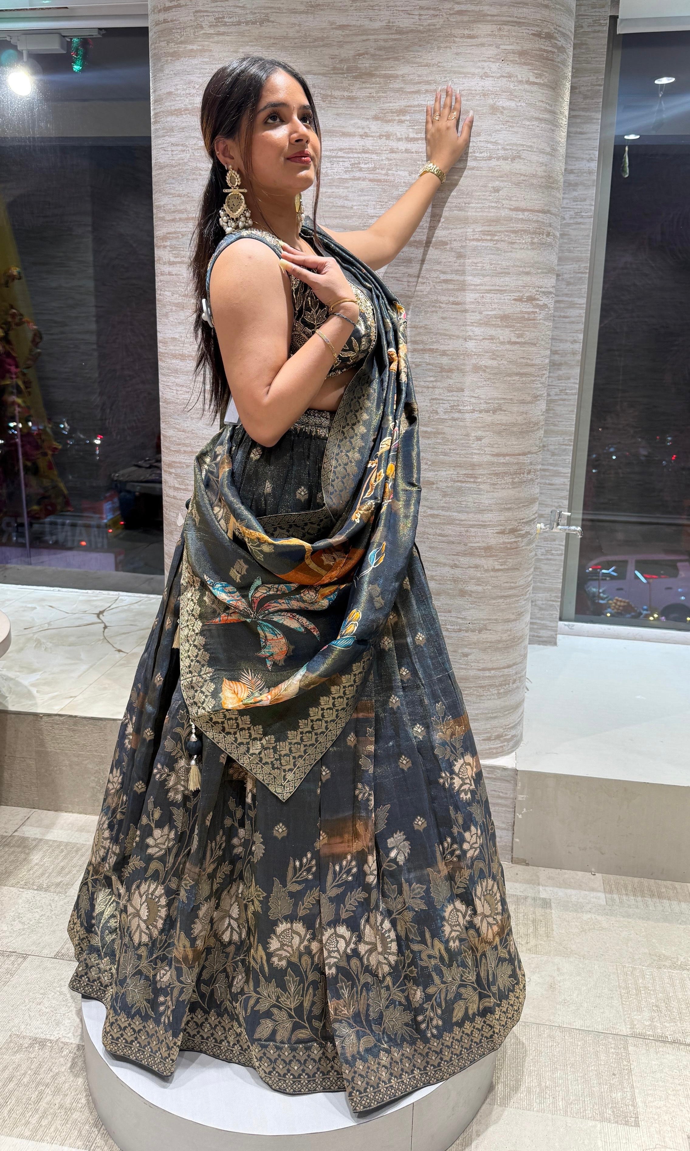 Green gold floral embroidered Lehenga