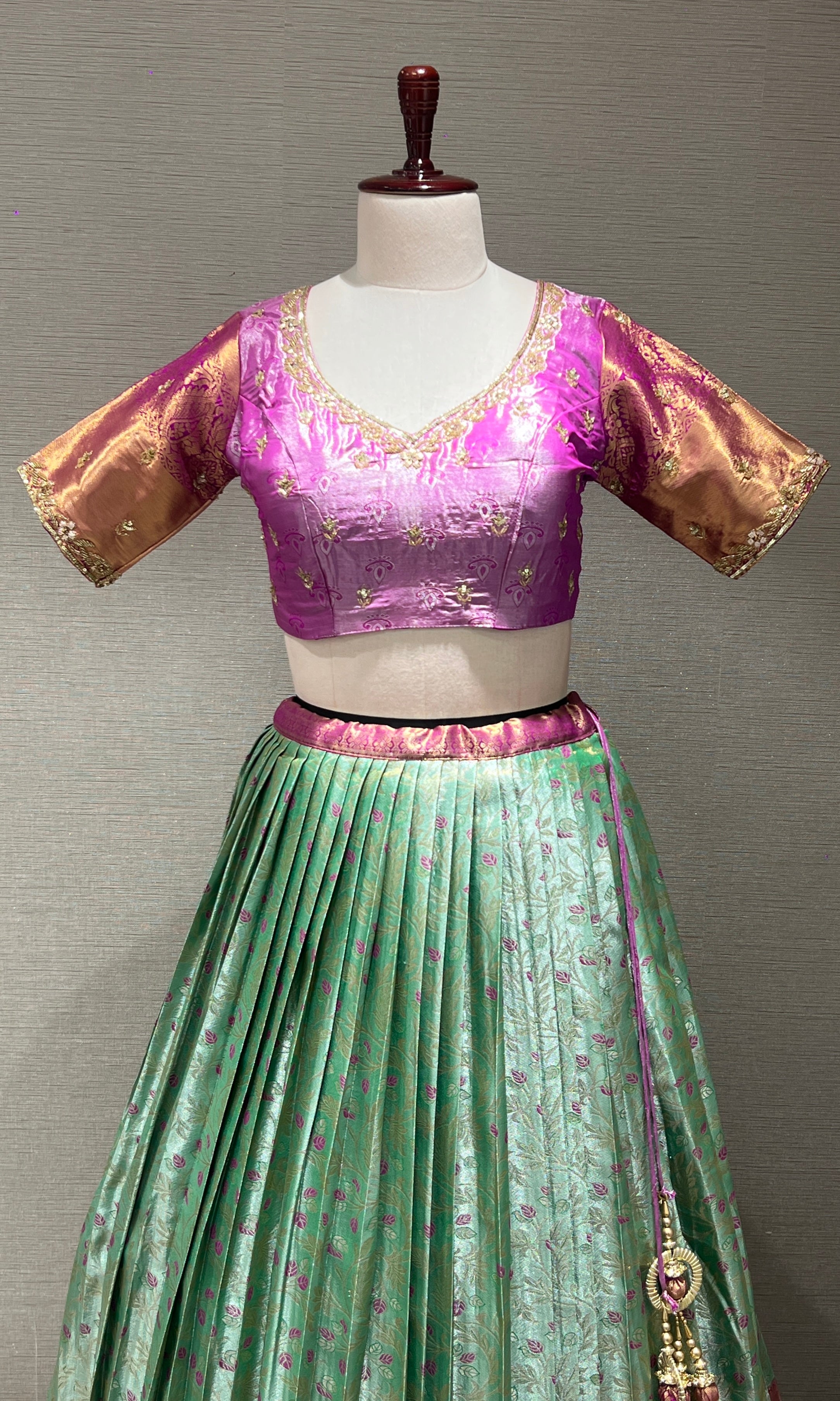 PINK Banarasi LEHENGA with Mint Floral Weave