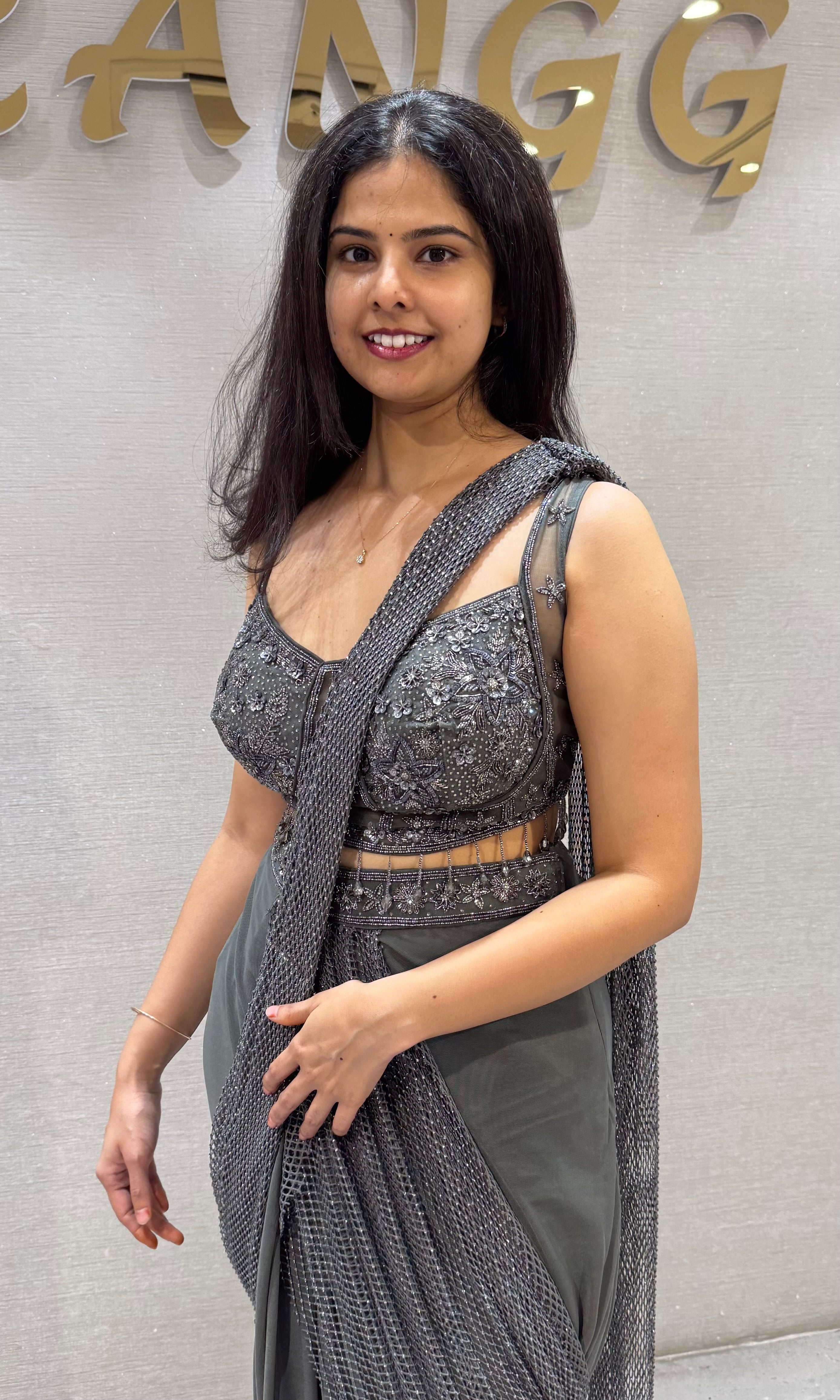 Metallic Grey Silk Sequined Fusion Sheer Drape Saree