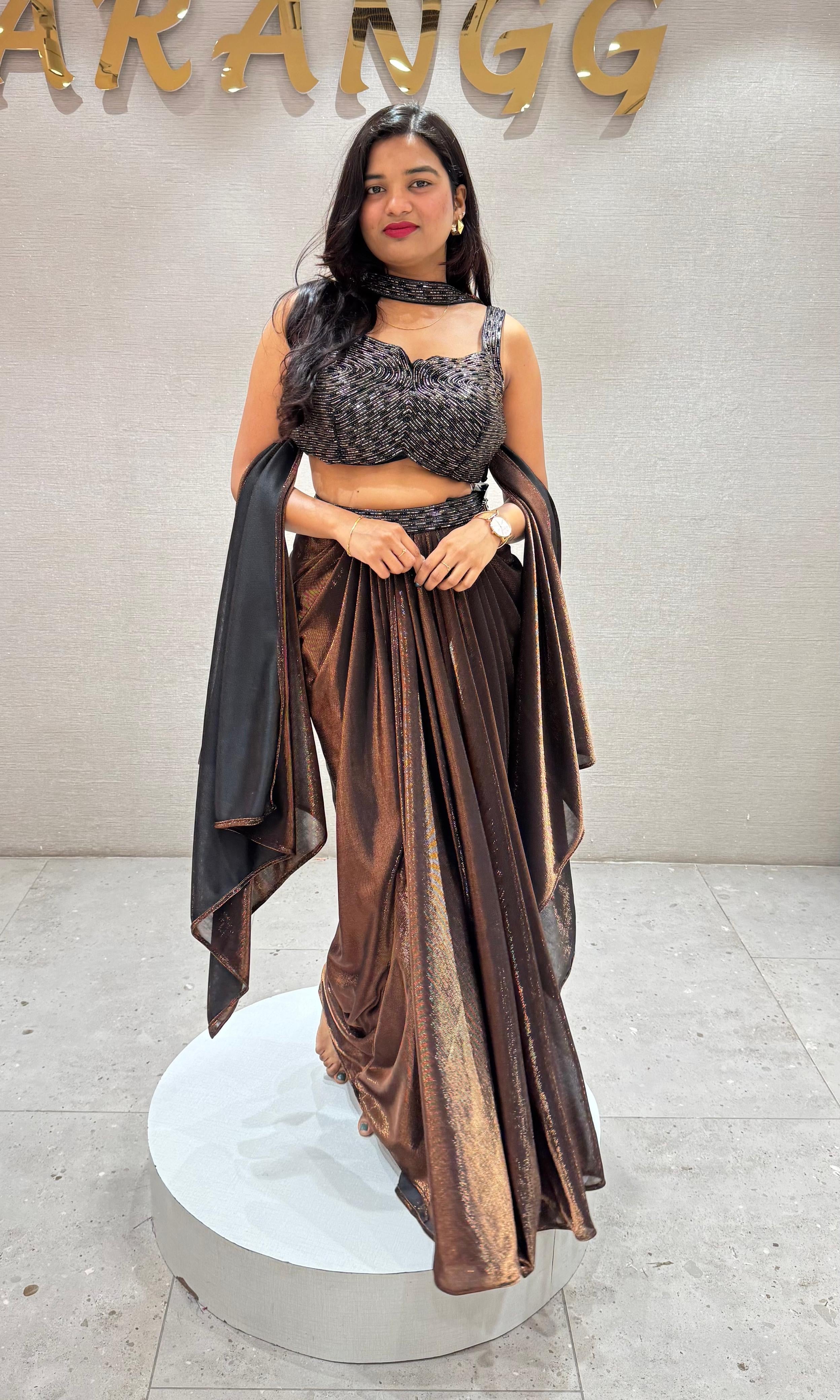 Brown SHIMMERING DRAPE SKIRT WITH BLOUSE