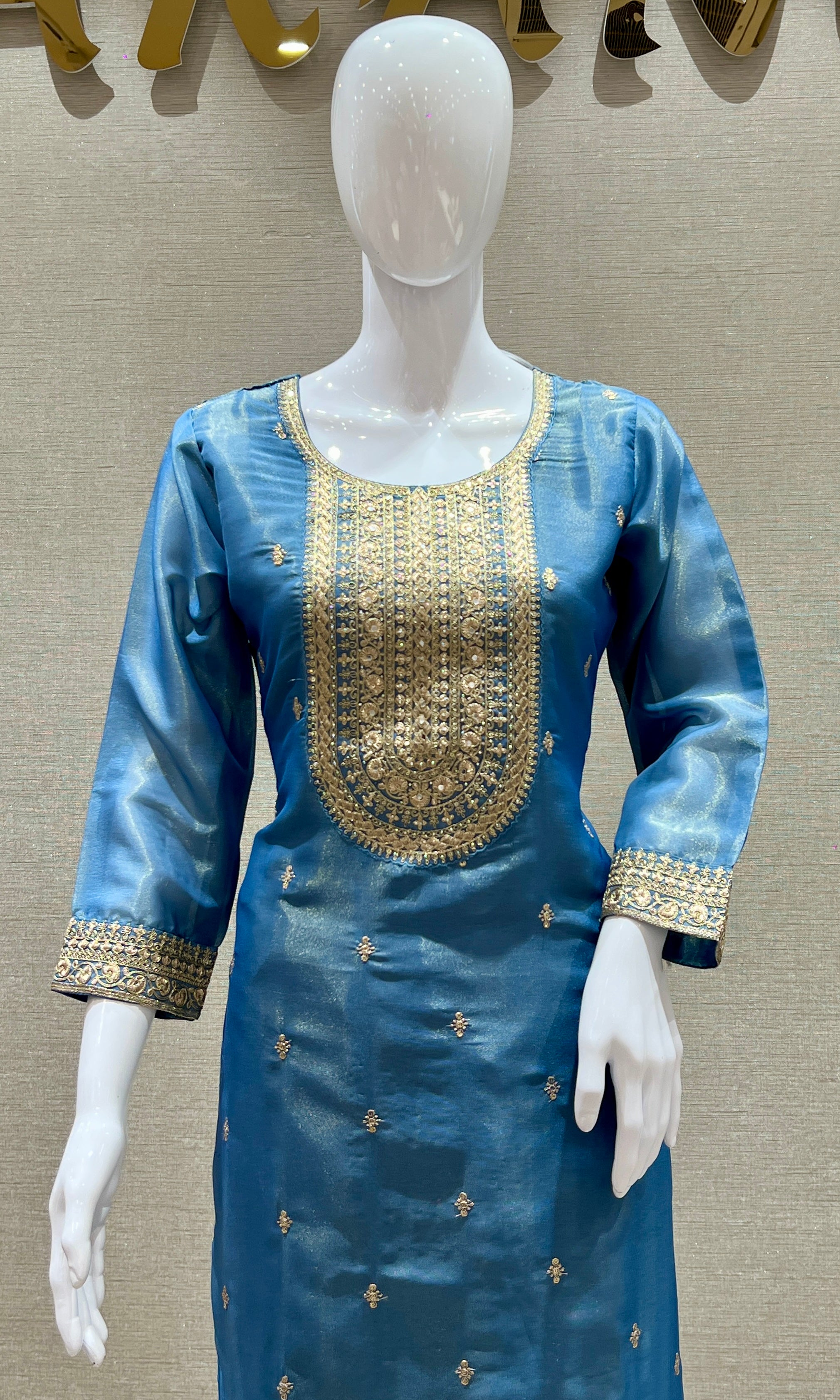 Blue Silk Embroidered Kurta Set with Churidar & Dupatta