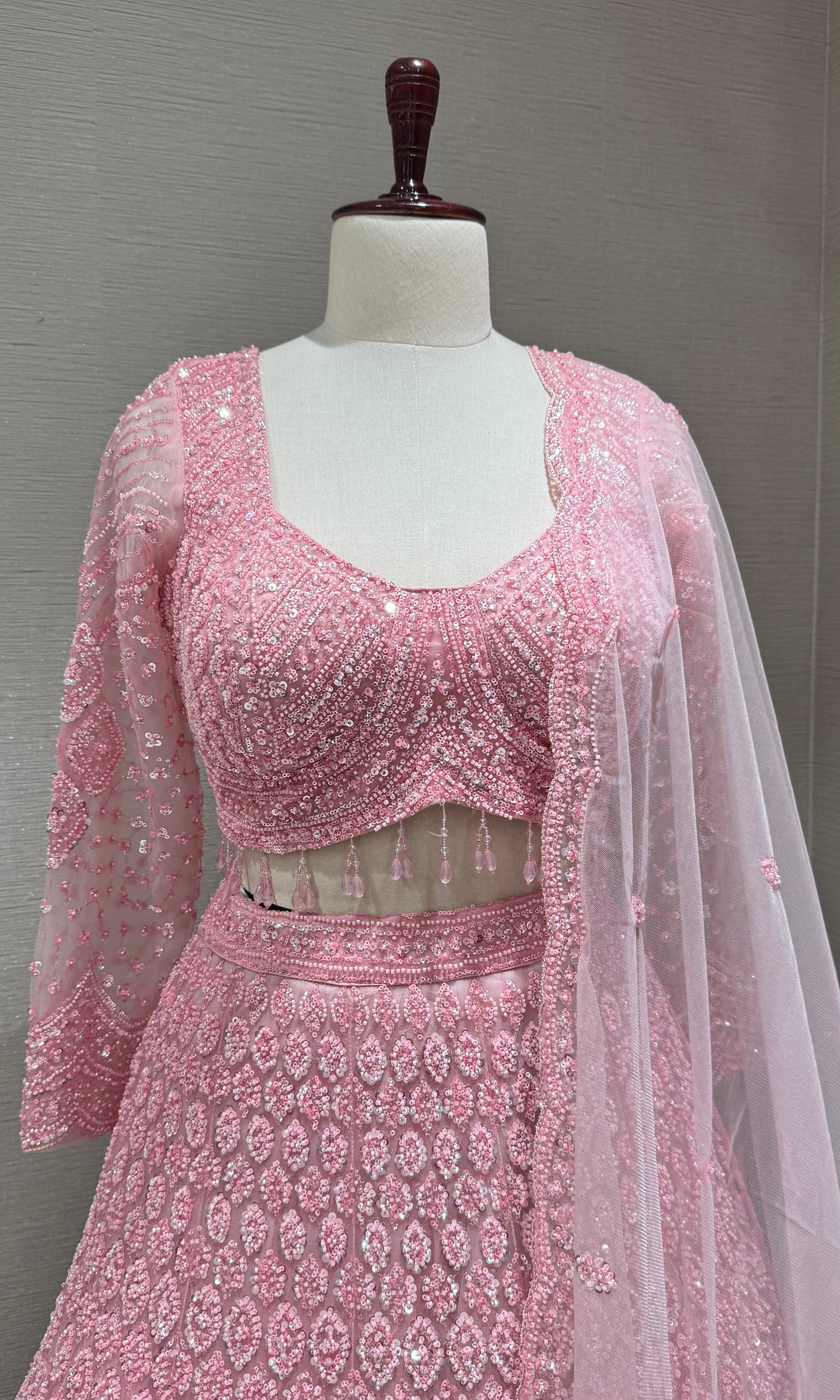 Pastel Pink Monochromatic Embroidered Bridal Lehenga
