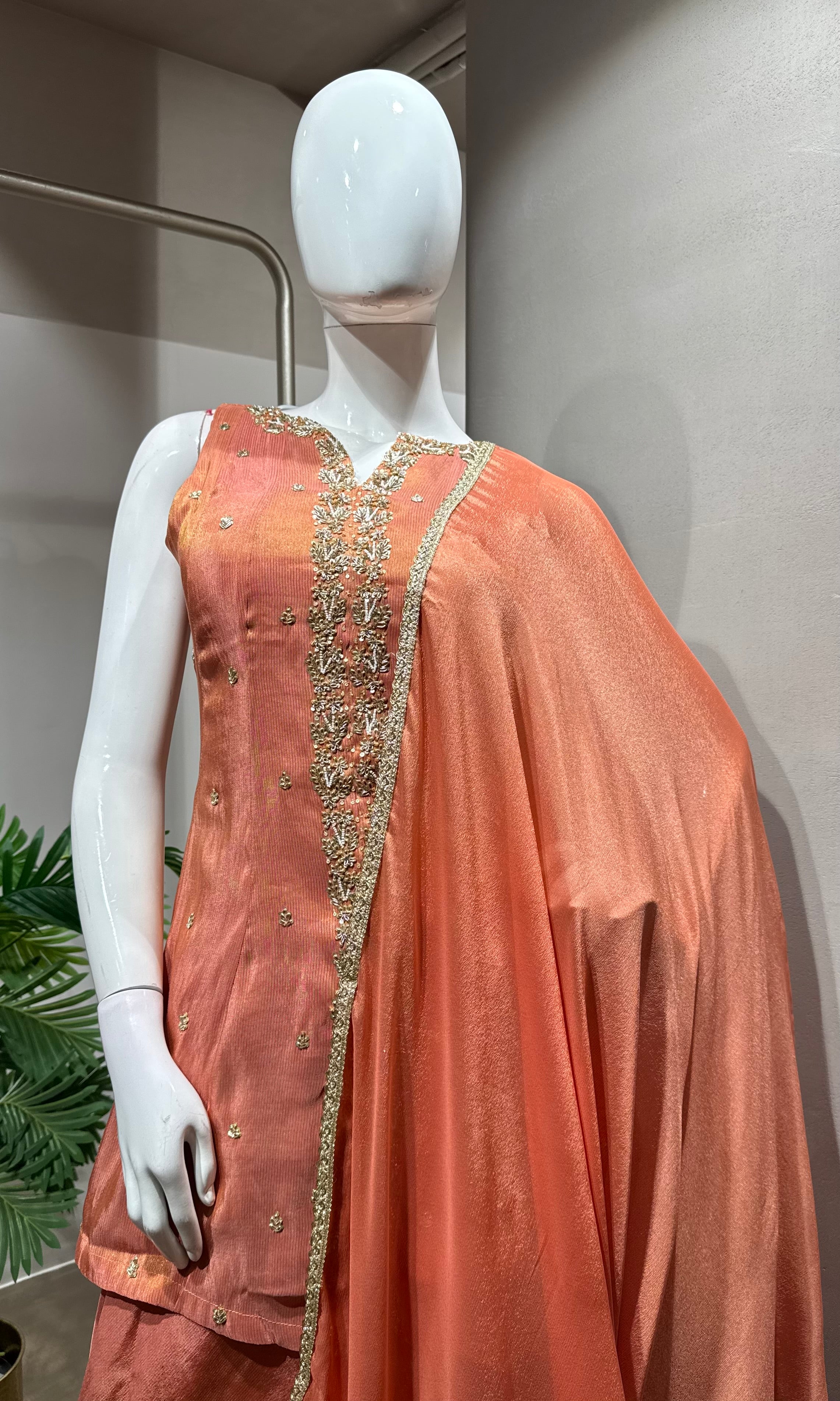 Peach Golden Tissue peplum palazzo Set