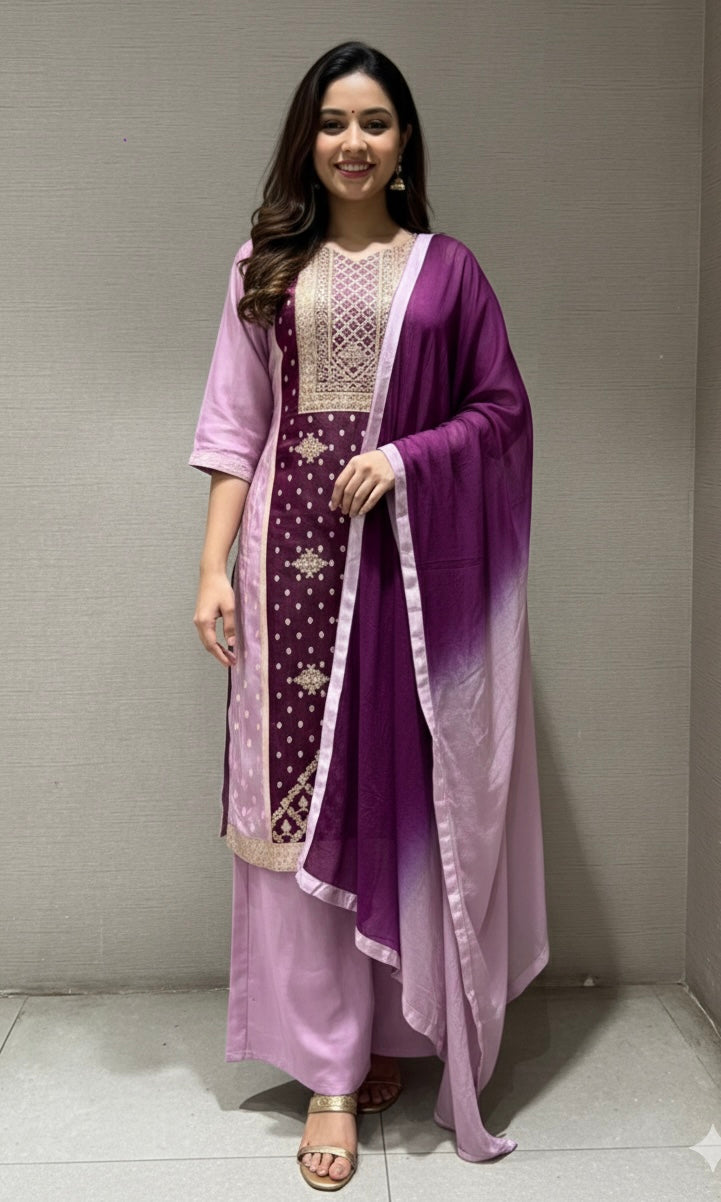 WINE EMBROIDERED KURTA SET WITH PALAZZO PANTS