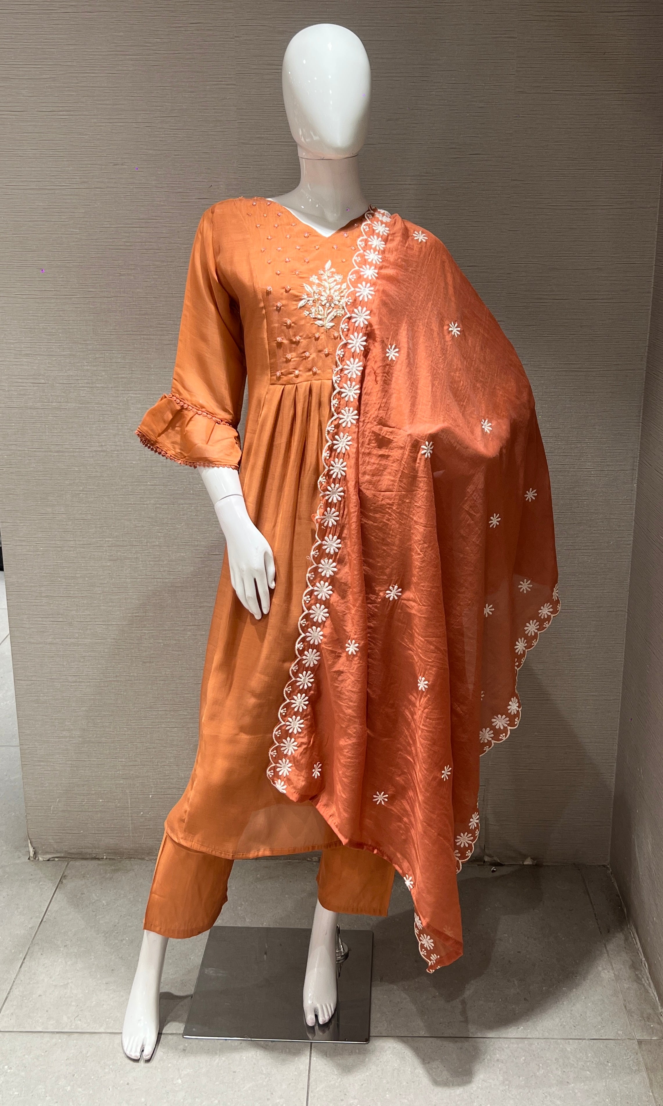Rust floral embroidered kurta set