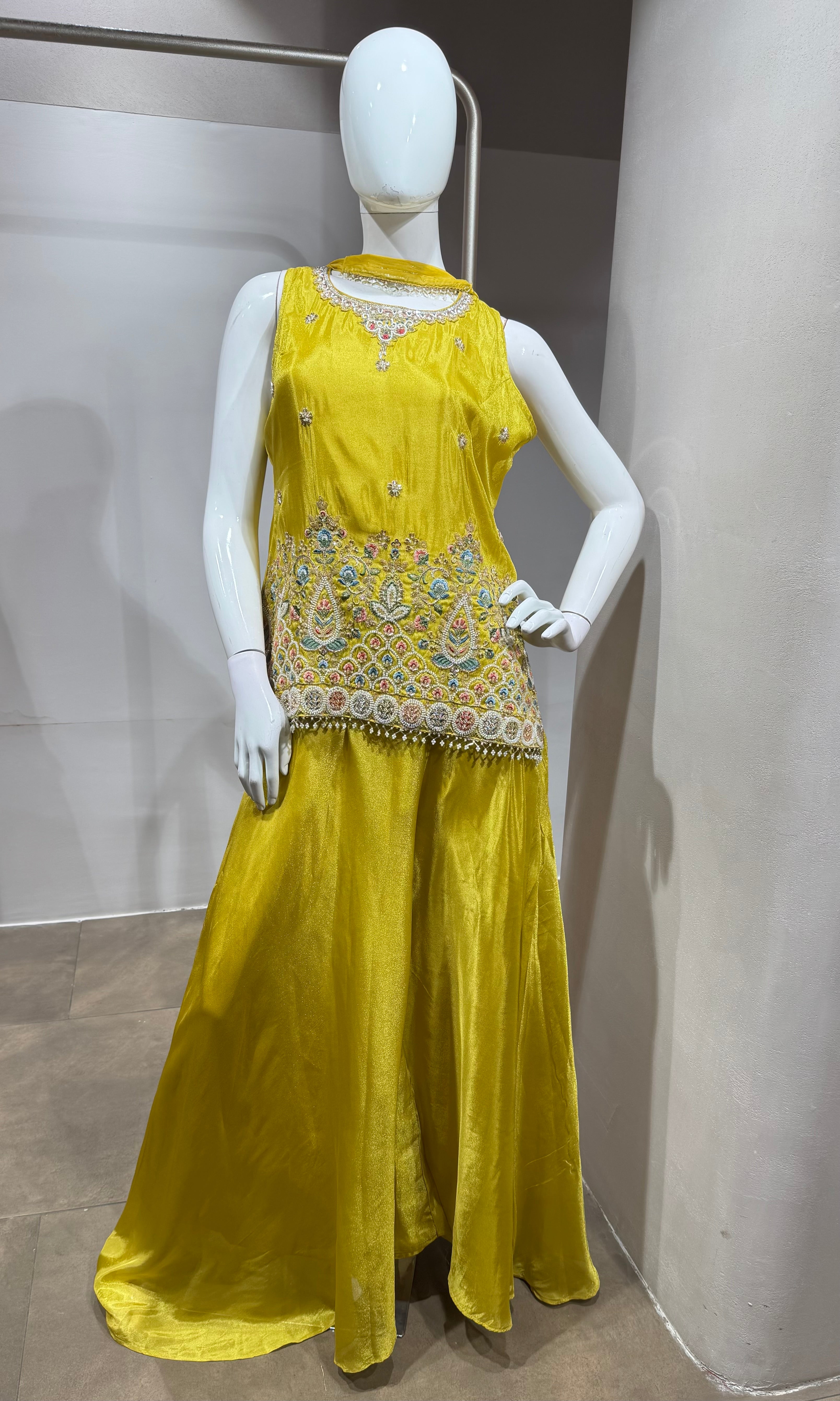 Yellow Embellished Floral Motif Ethnic Sharara