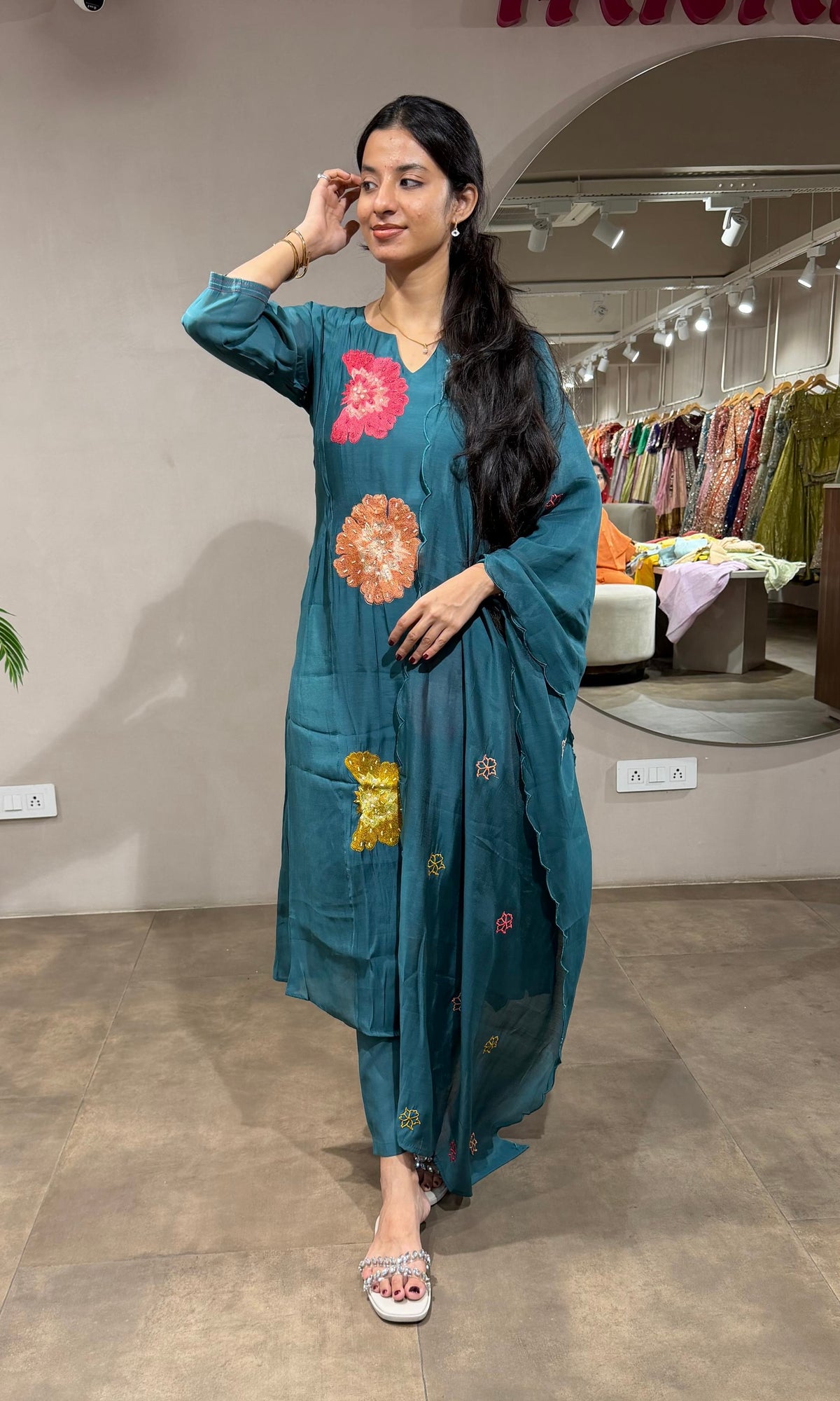 Sea Green cotton Floral Motif Kurta set with dupatta
