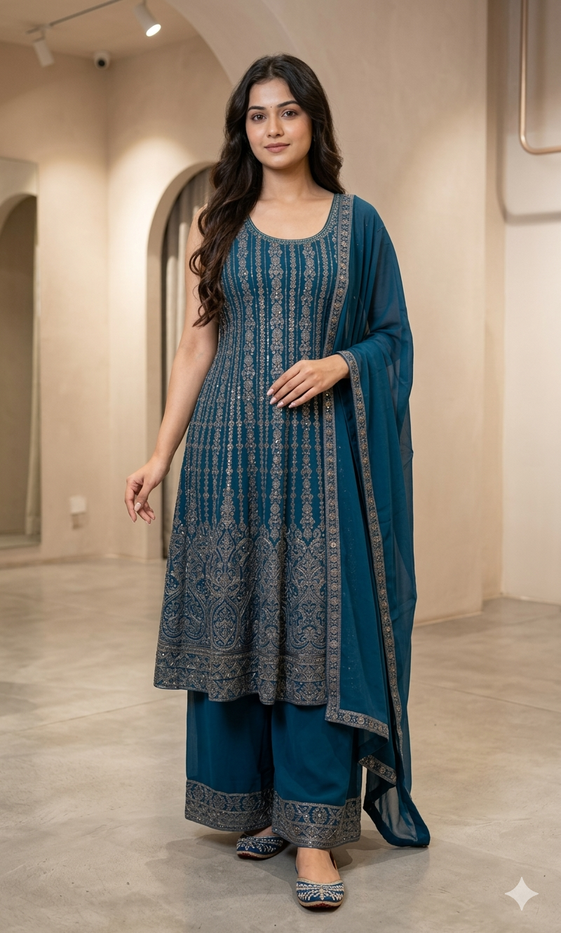 Blue ELEGANT ANARKALI WITH PALAZZO PANTS