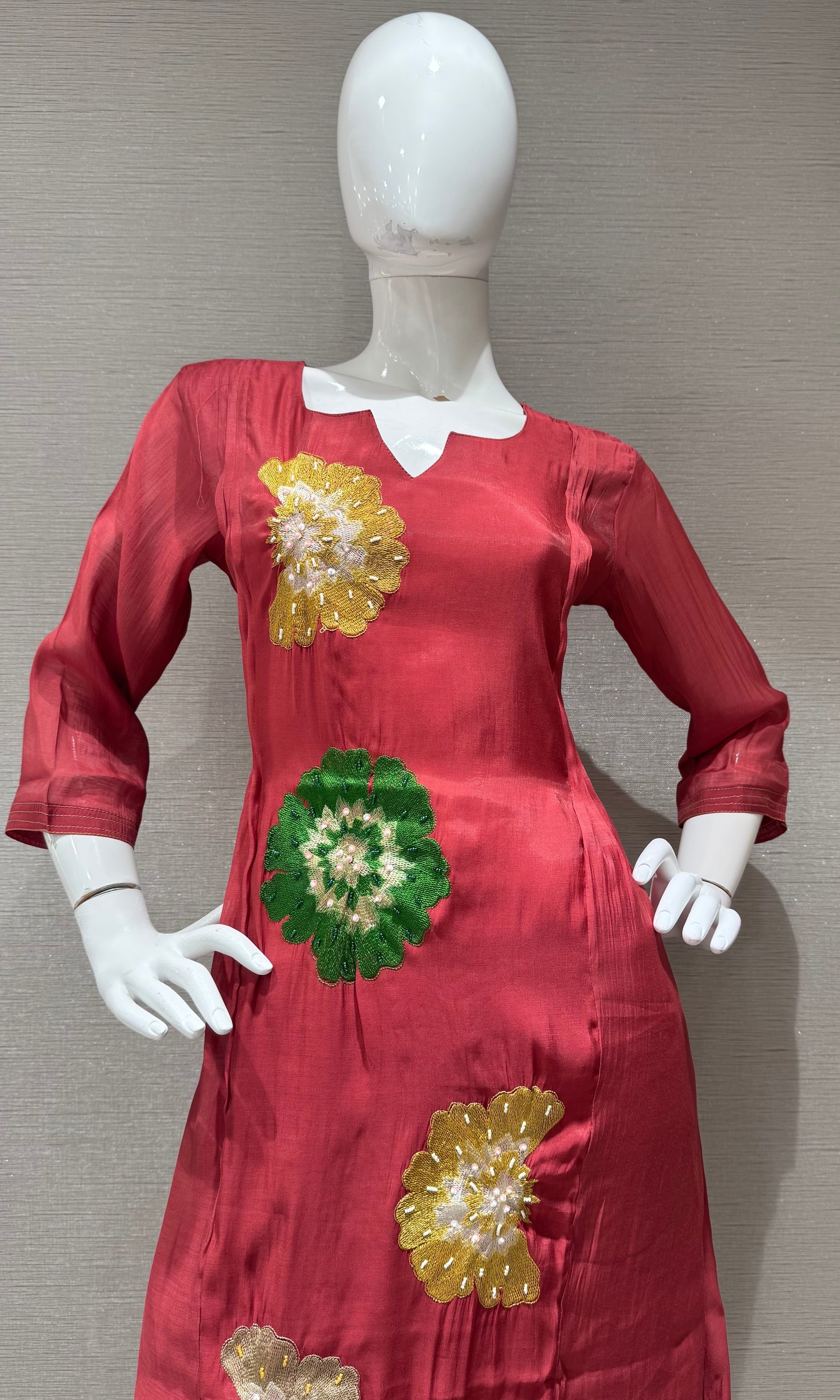 Maroon cotton silk Floral Motif Kurta set with dupatta