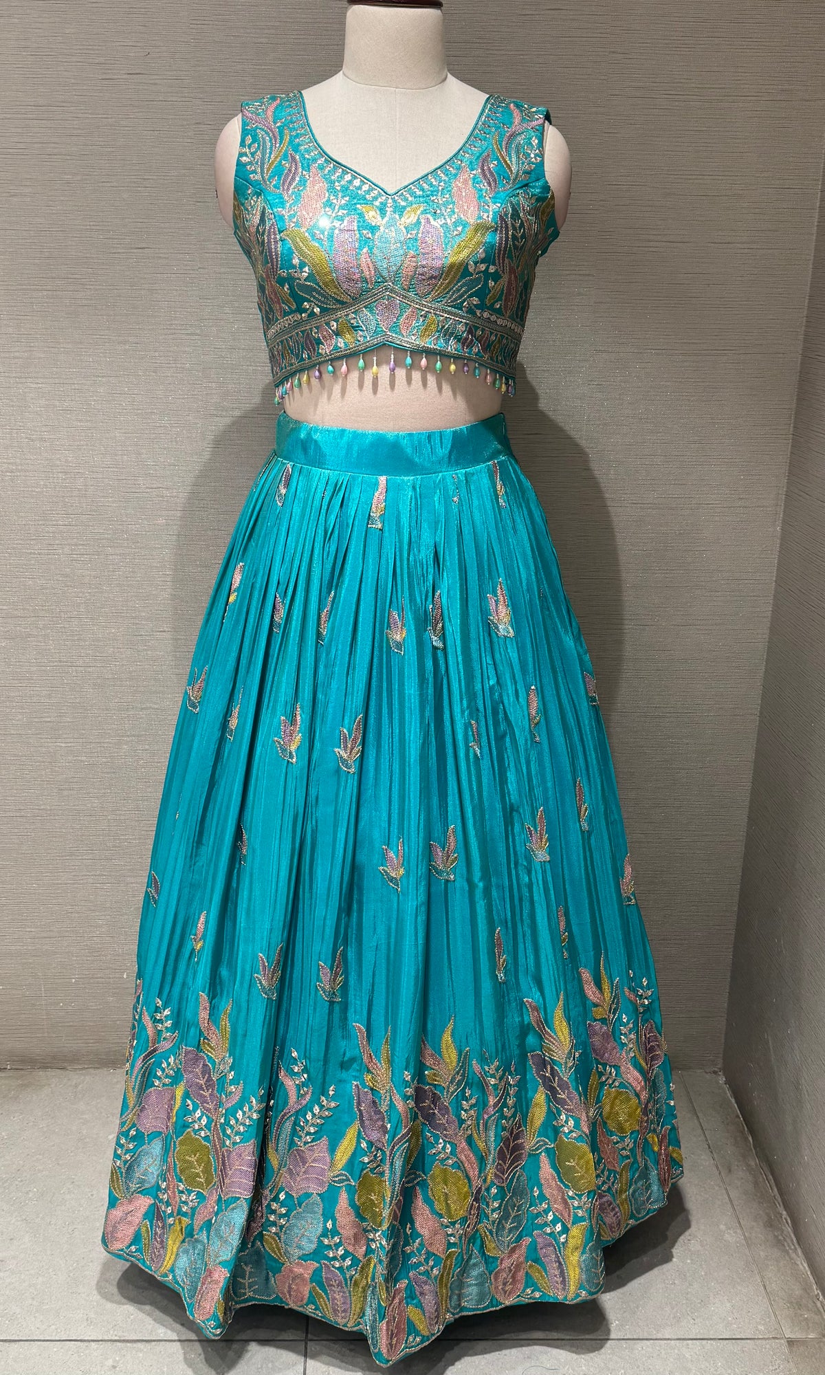 Sea Blue Tissue silk Floral Print Lehenga Set