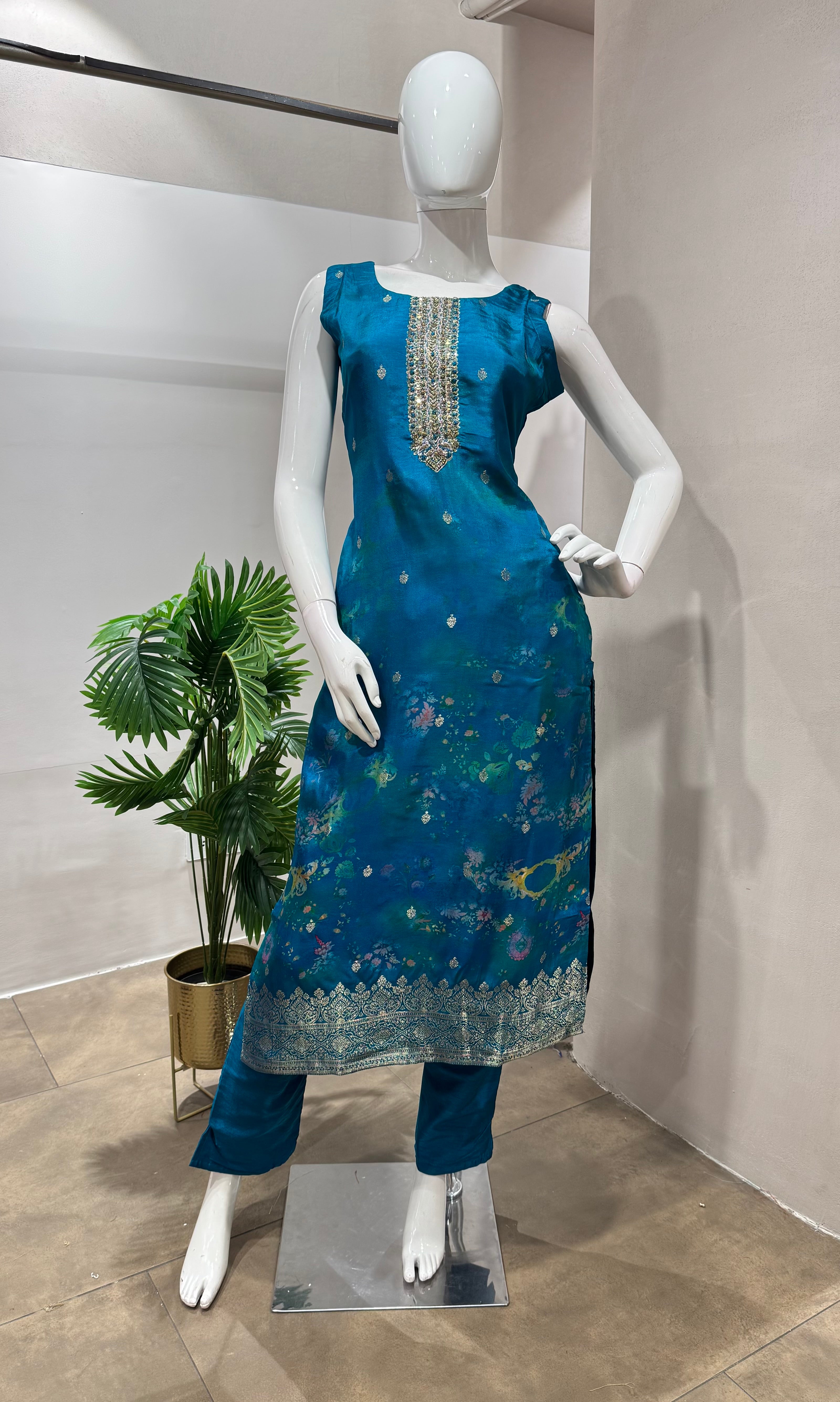 Rama blue EMBROIDERED KURTA SET