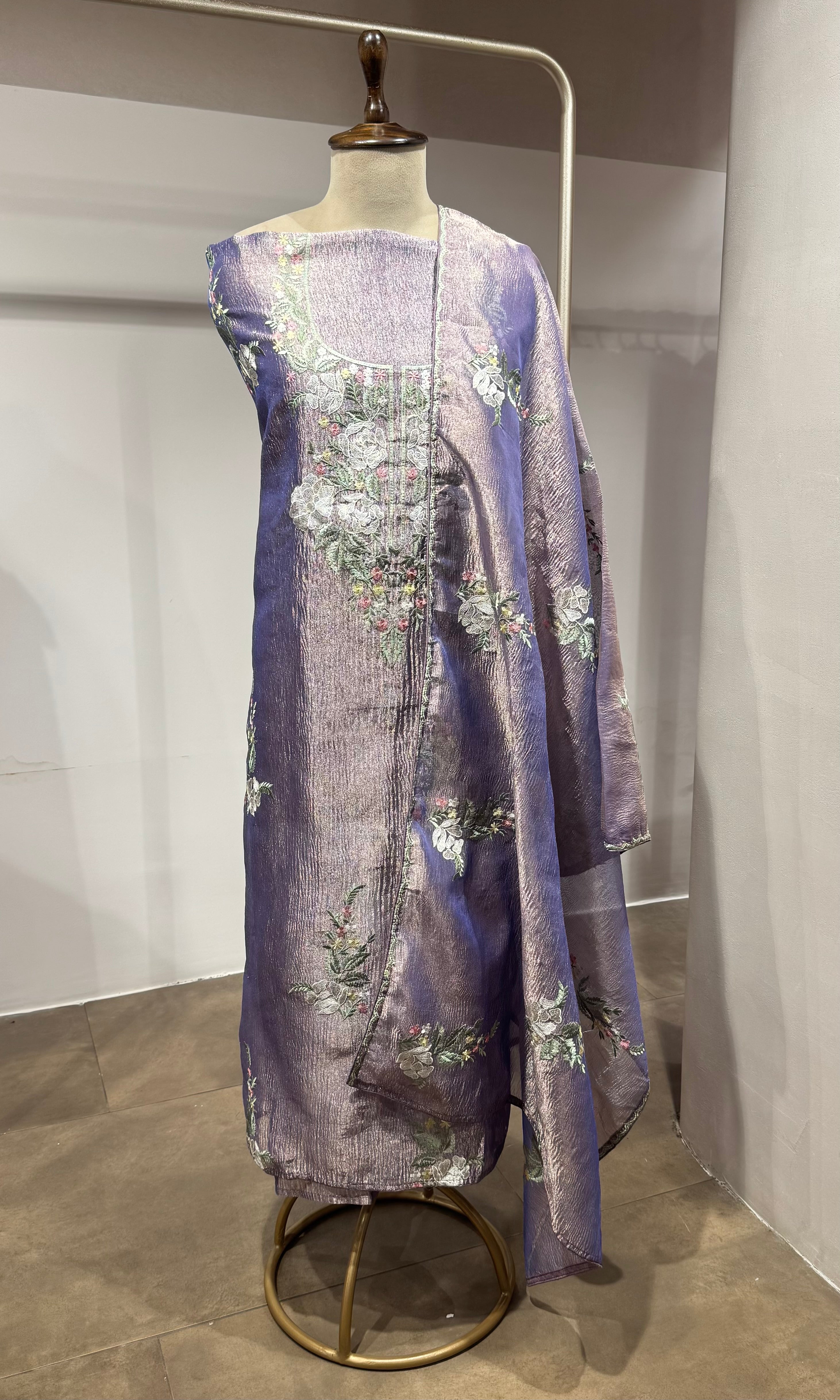 Purple floral tissue dress material