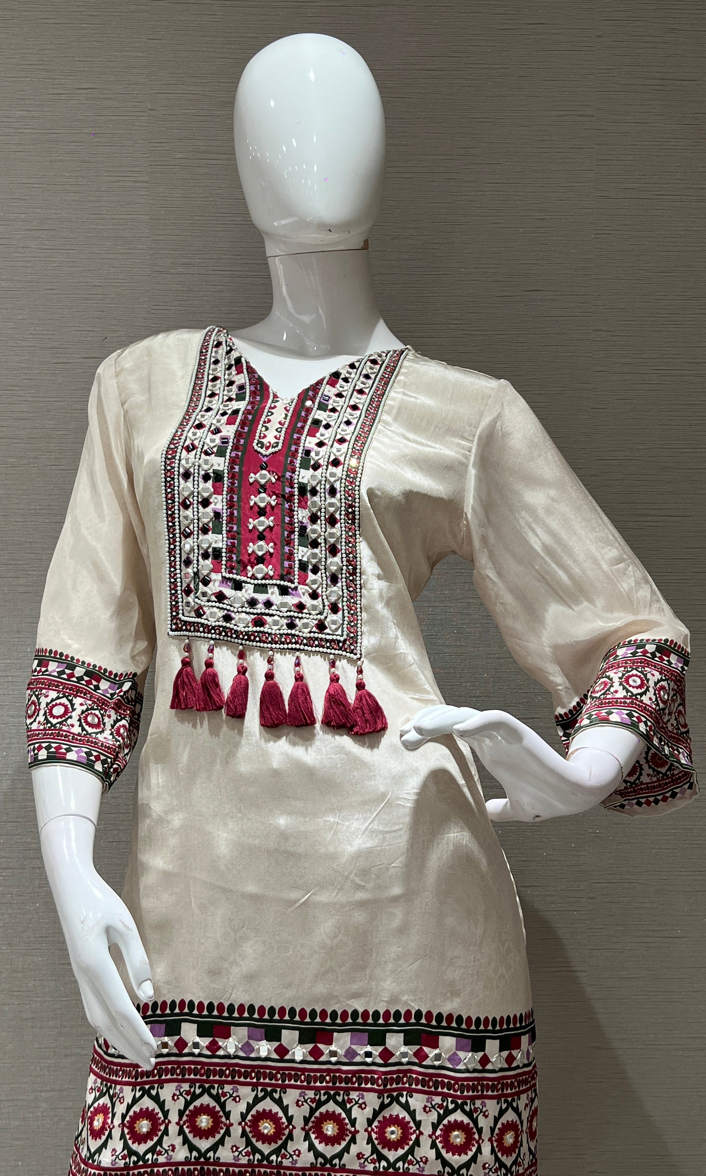 white and maroon printed kurta set with palazzo pants