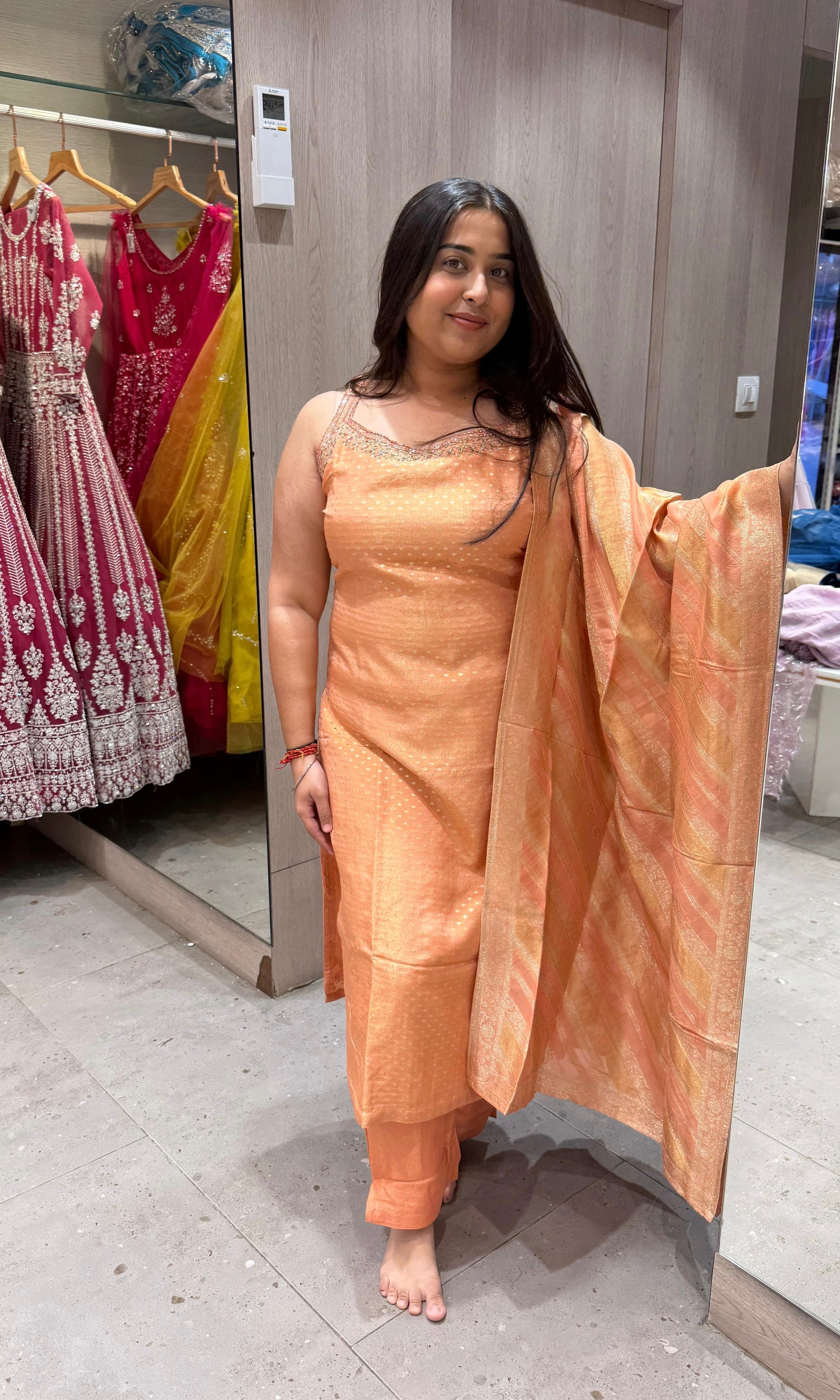 peach and gold Banarasi kurta set