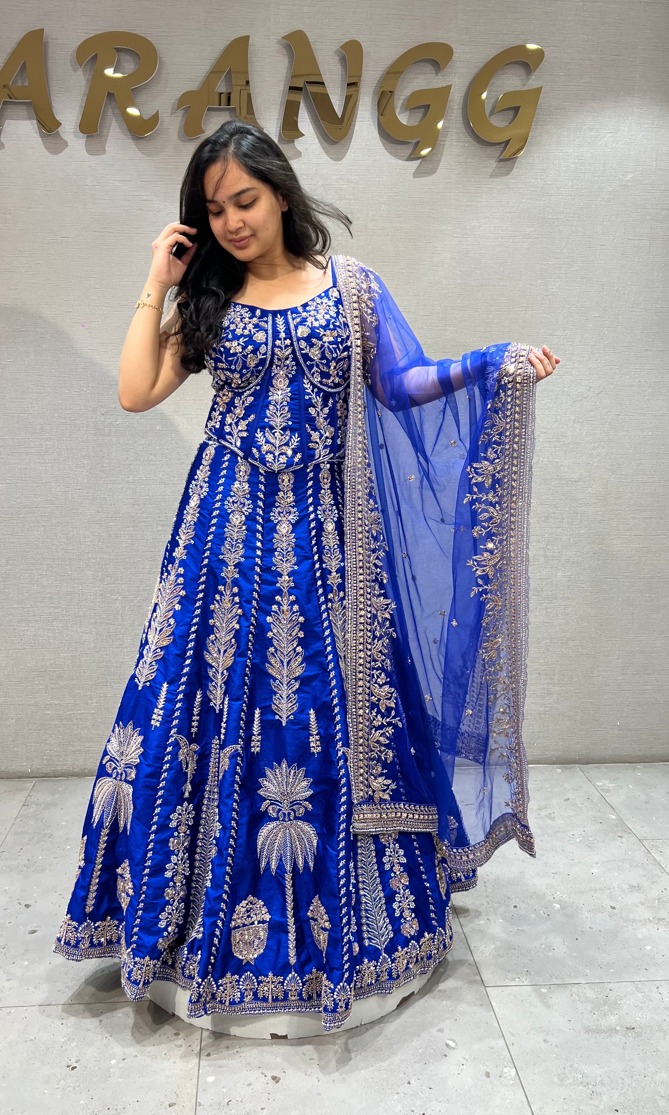 Royal blue embroidered peplum crop top lehenga set
