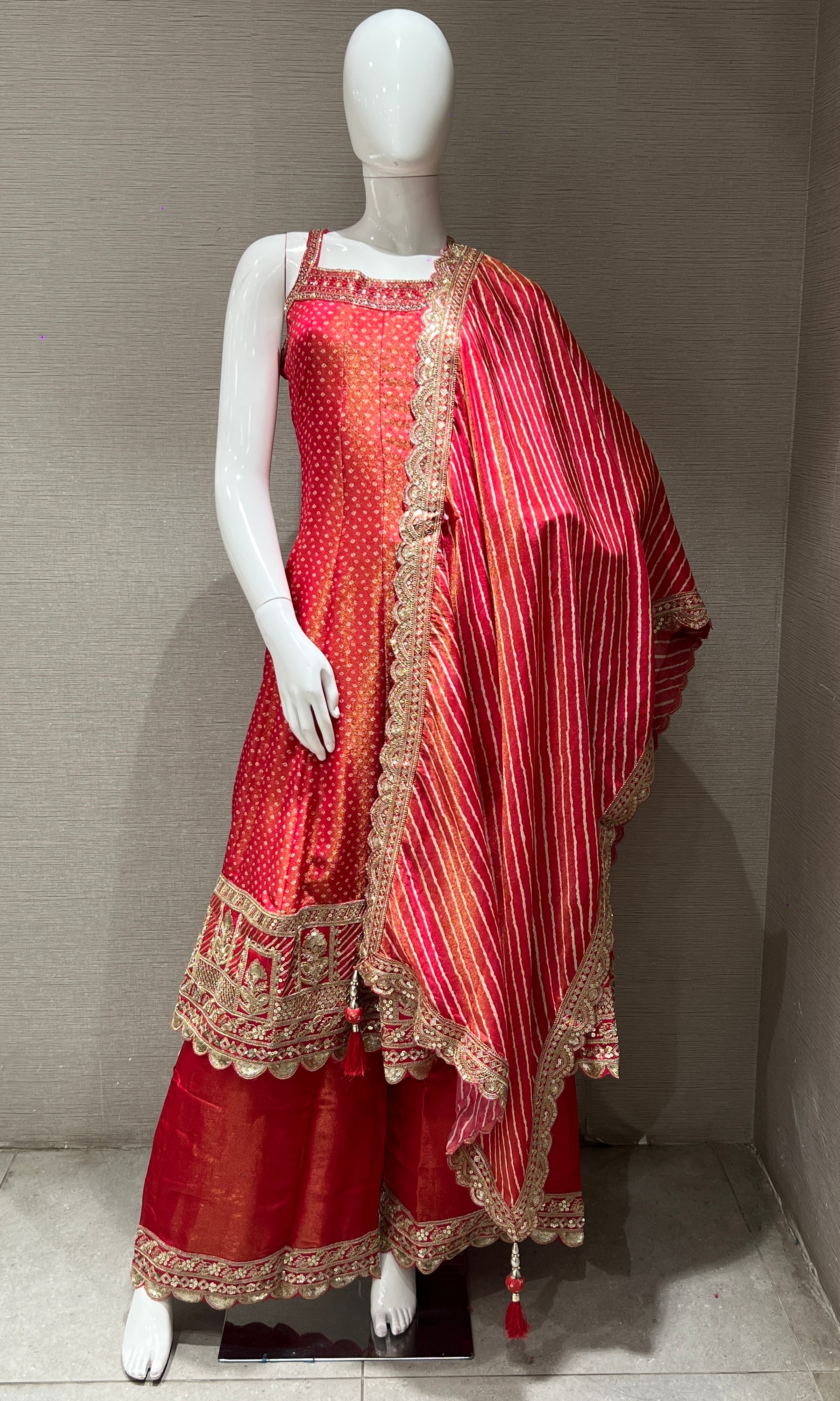 Red Embroidered Sharara Set with Golden Stripes Dupatta