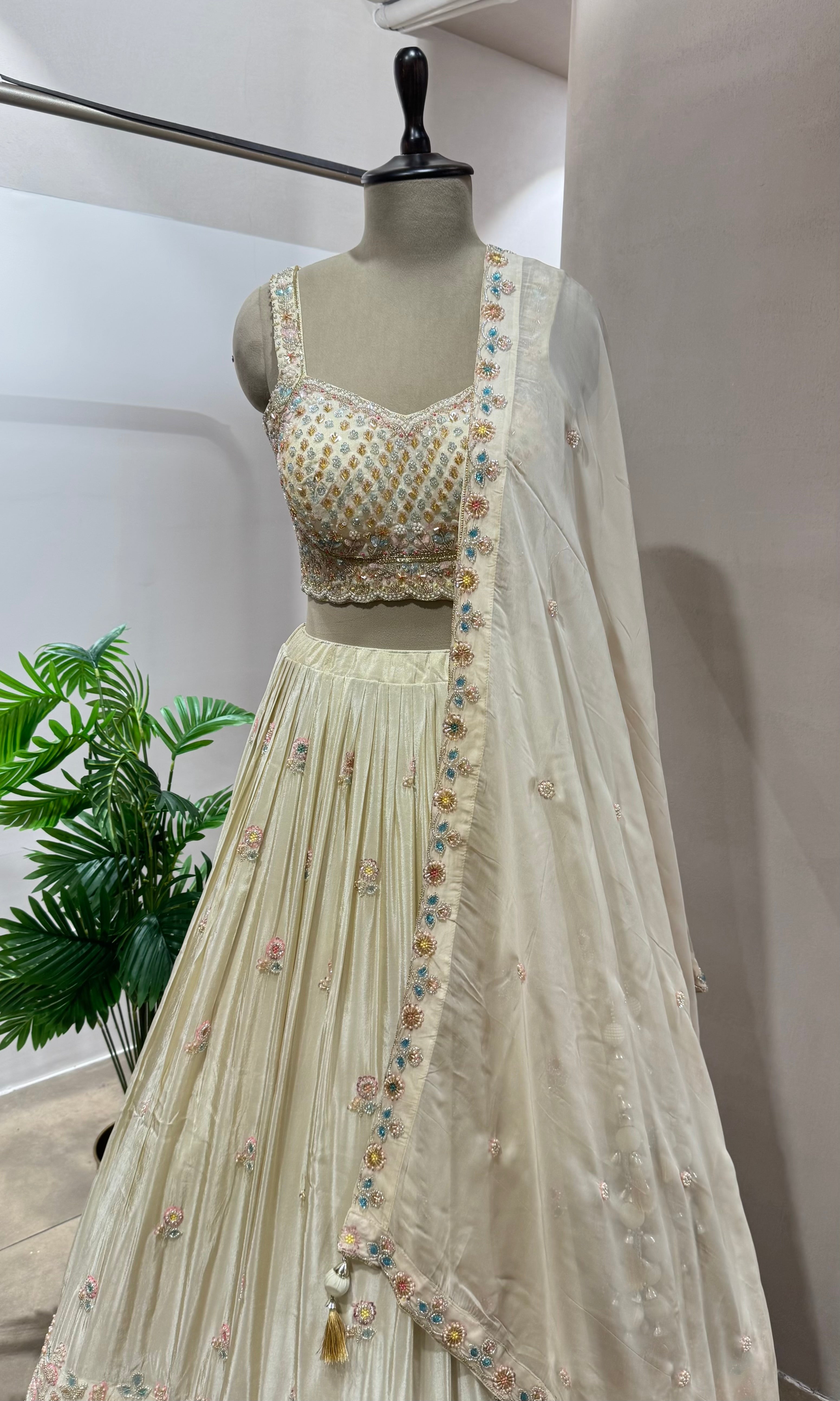 Cream FLORAL INTRICATE EMBROIDERY LEHENGA