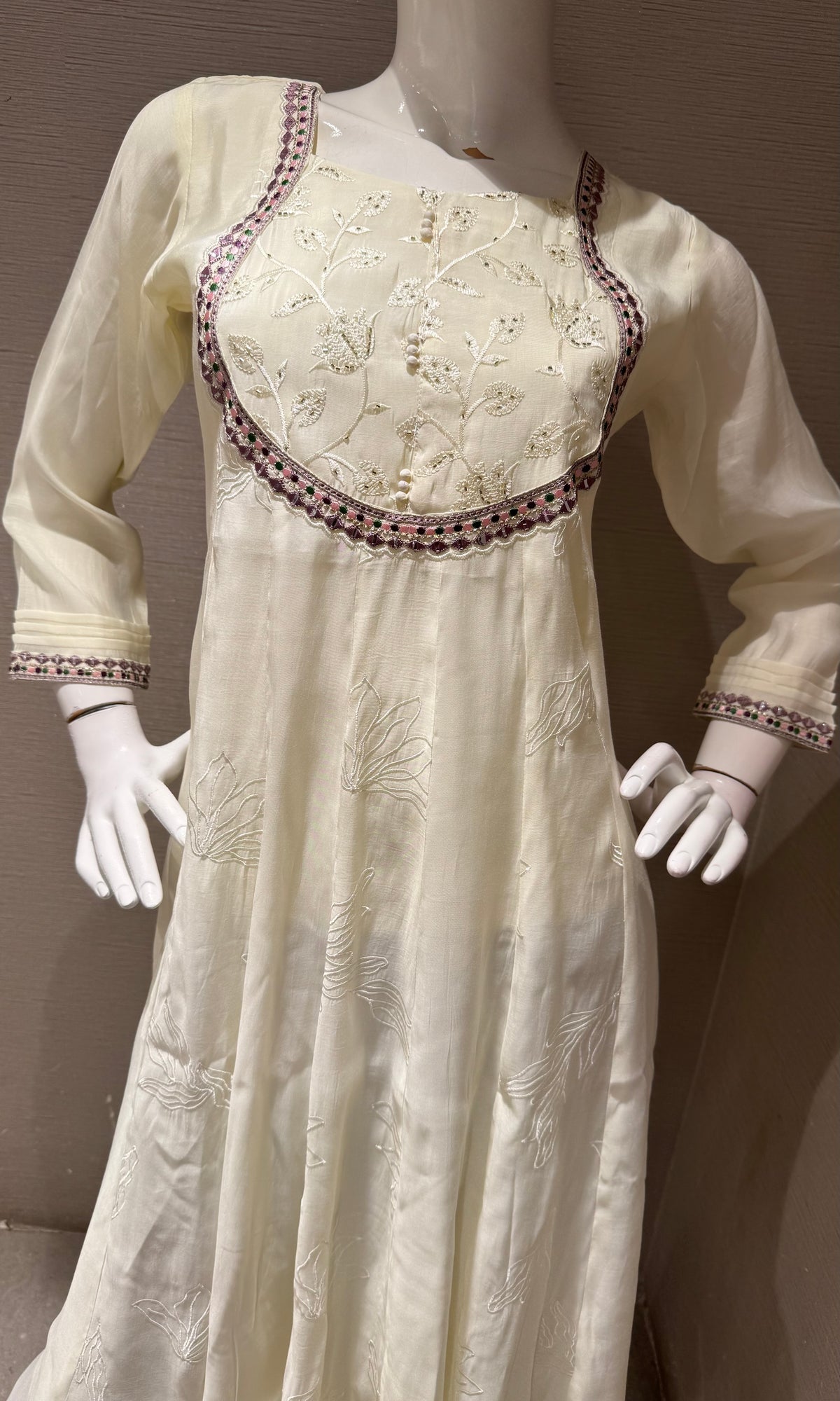 Cream Flared georgette Kurta top with Intricate Neckline