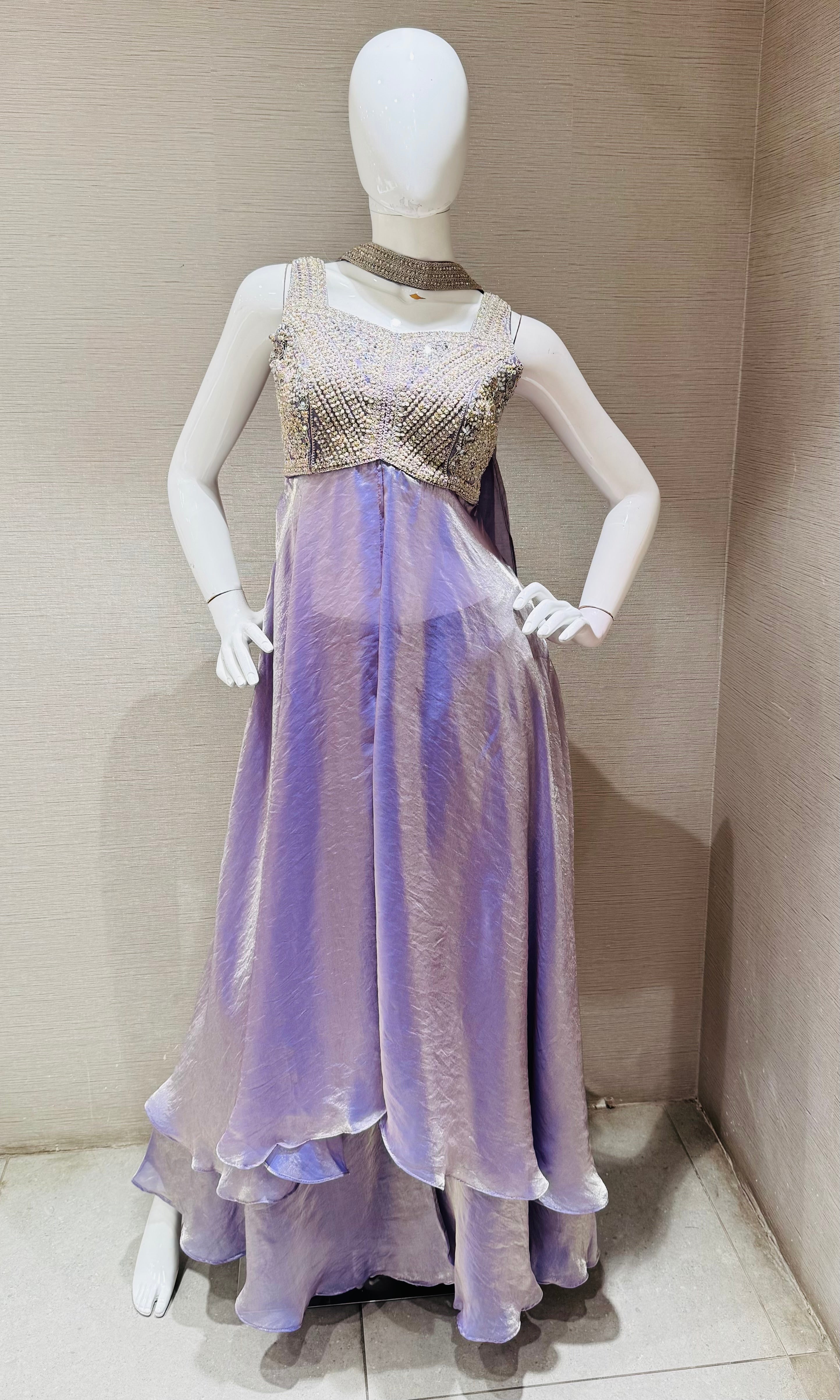 Lavender Embroidered shimmer tissue palazzo set
