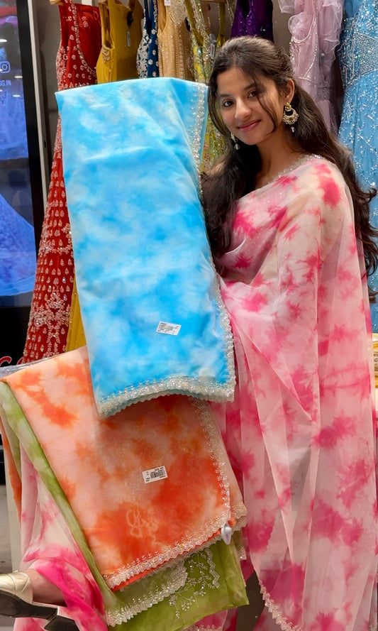 🩵Blue tie dye soft organza saree with silver work and complete work on blouse (unstitched )🩵