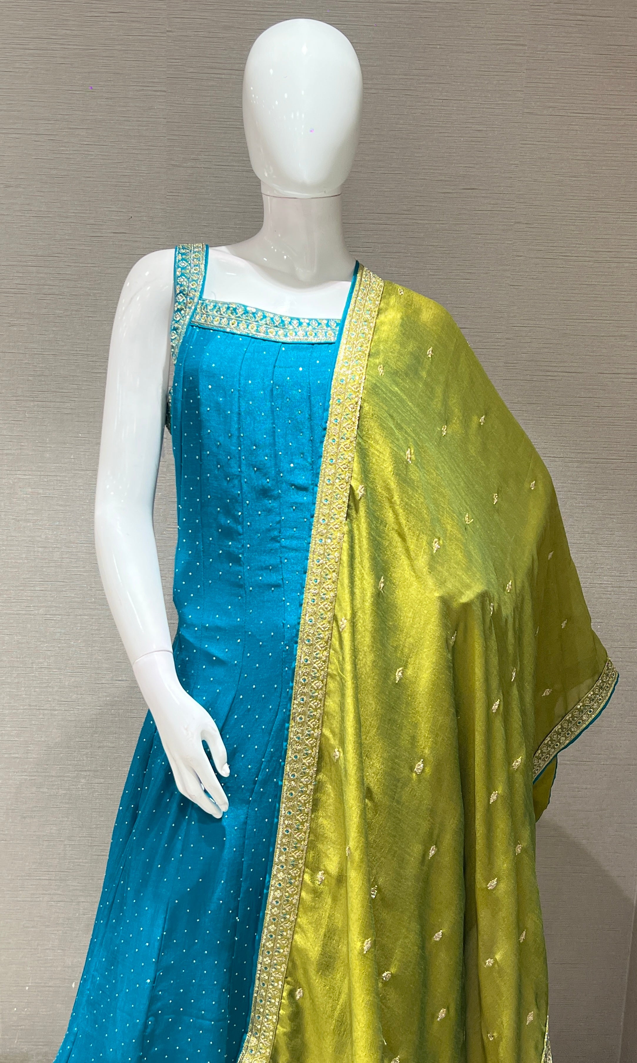 Rama blue kurta set with contrast dupatta