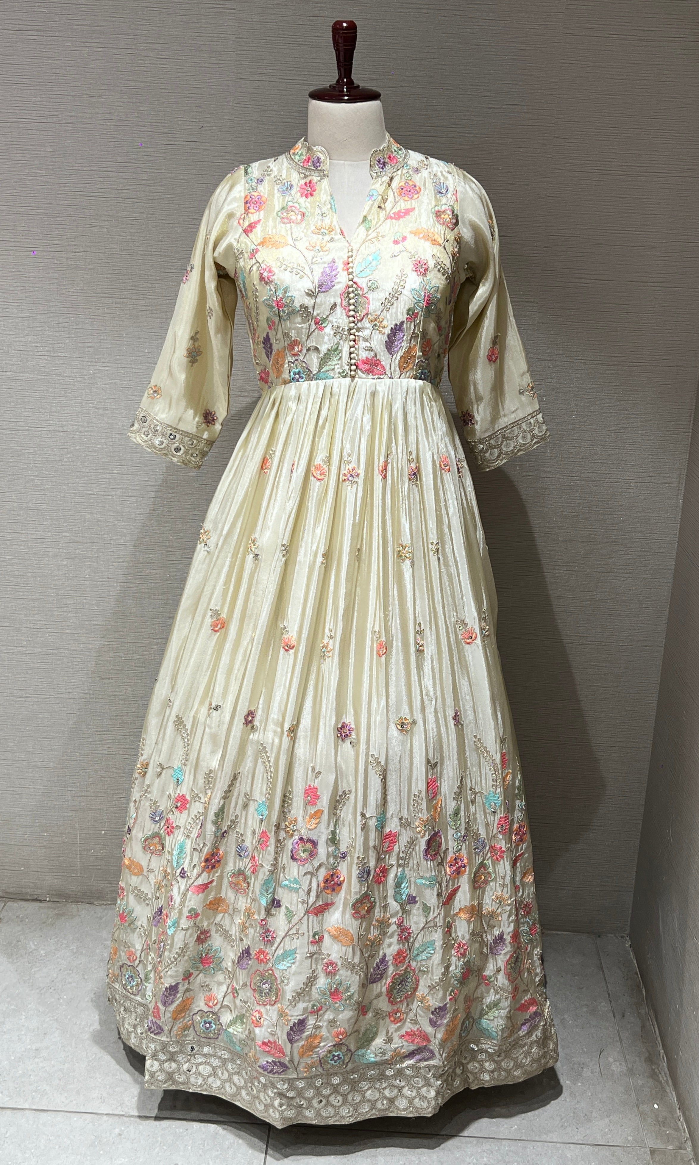 Pearl Glow Cream Anarkali Long Gown with Floral Detailing