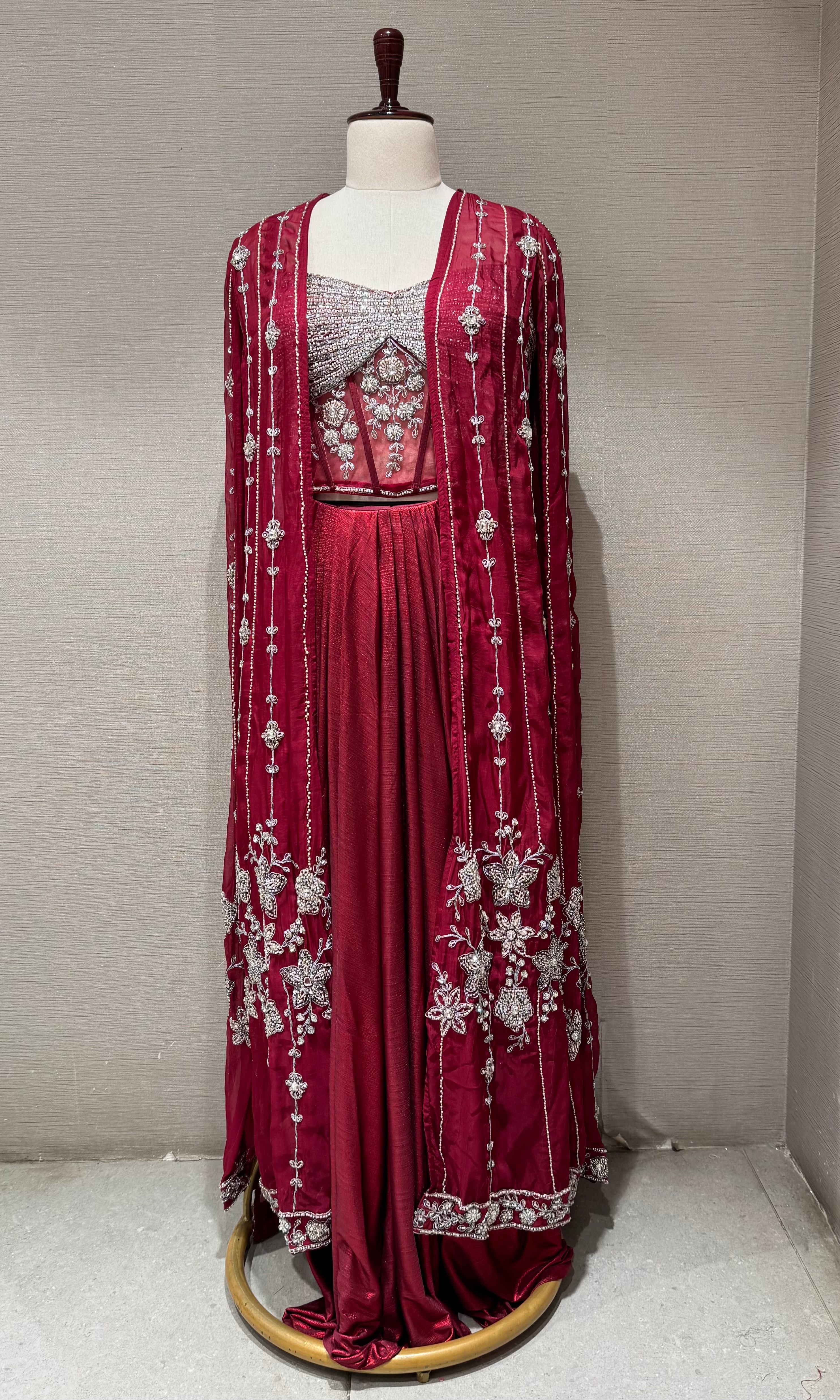 Maroon Deep Embroidered Cape Skirt